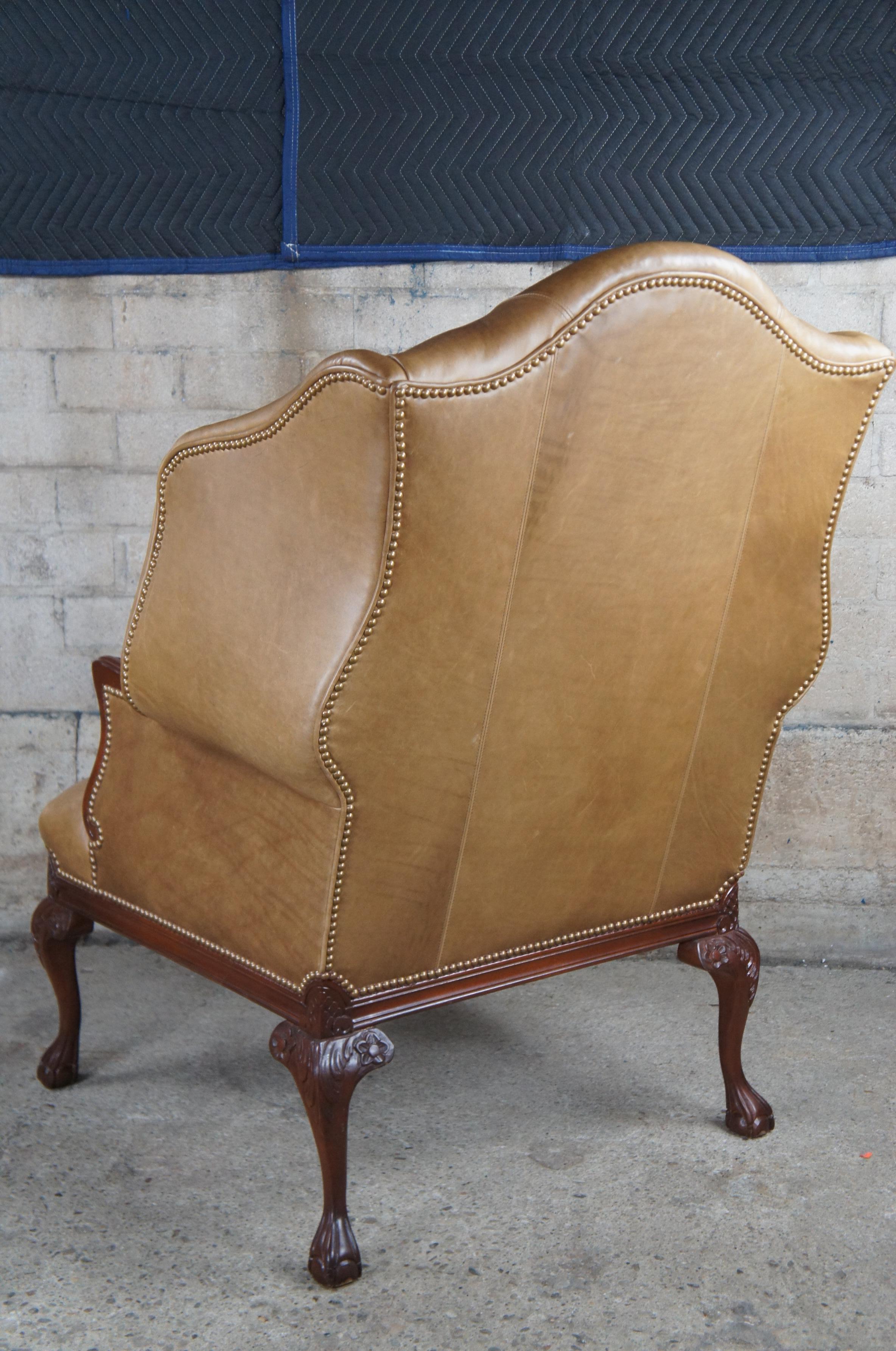 Baker Chippendale Mahogany Leather Nailhead Wingback Library Club Arm Chair  For Sale 4