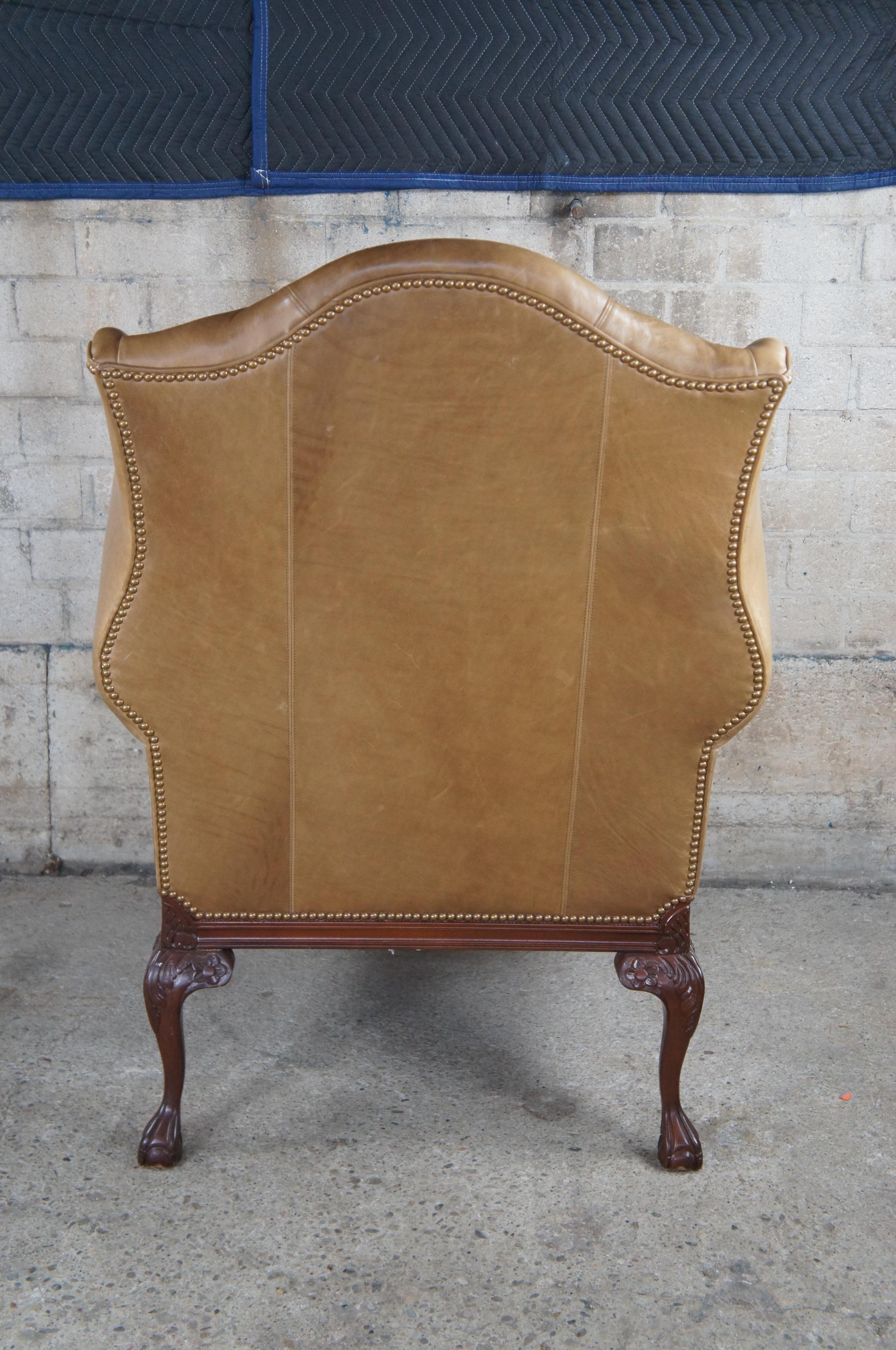 Baker Chippendale Mahogany Leather Nailhead Wingback Library Club Arm Chair  For Sale 5