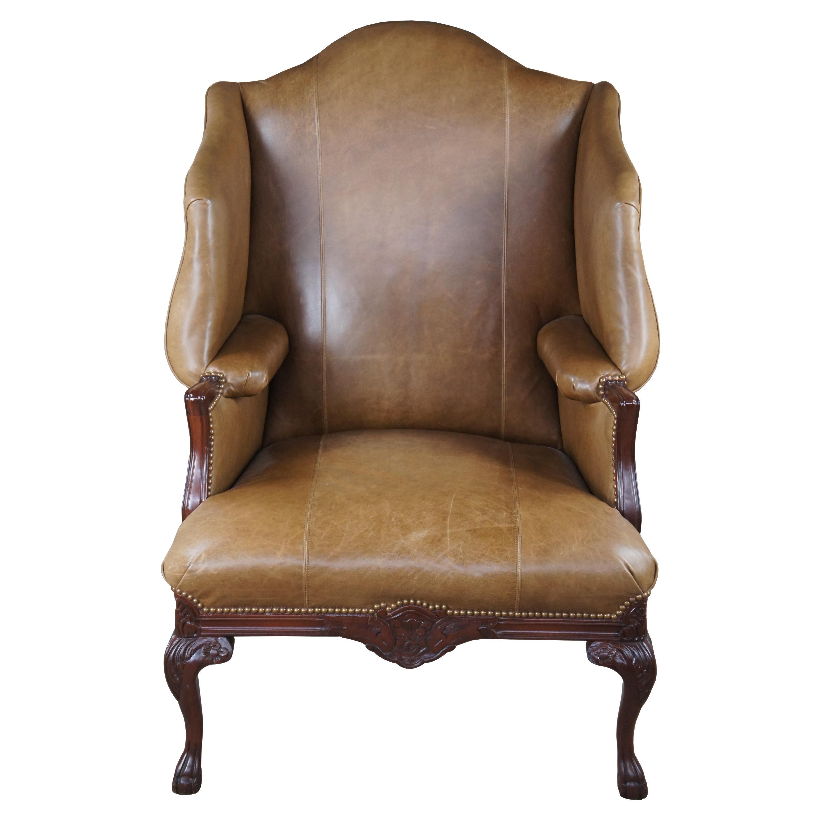 Baker Chippendale Mahogany Leather Nailhead Wingback Library Club Arm Chair  For Sale