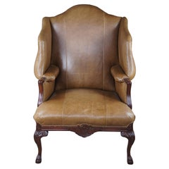 Baker Chippendale Mahogany Leather Nailhead Wingback Library Club Arm Chair 