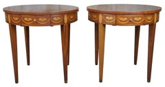 Baker Chippendale Round Inlaid Side End Table w Pullout Tray Flame Mahogany Burl
