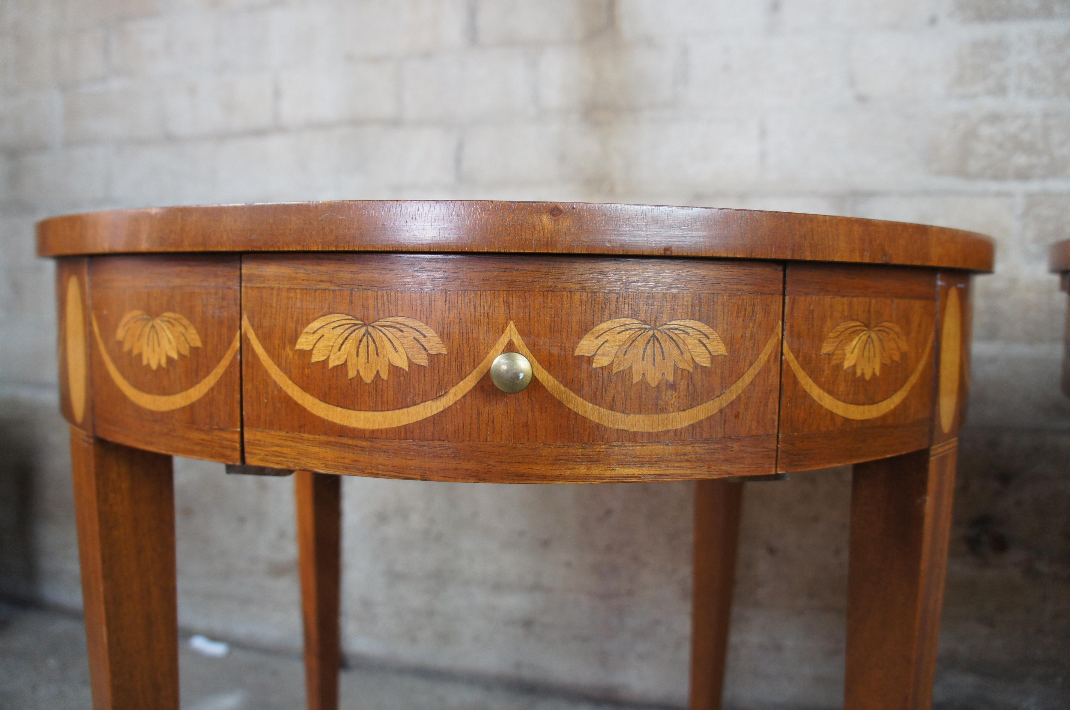 20th Century Baker Chippendale Round Inlaid Side End Table w Pullout Tray Flame Mahogany Burl