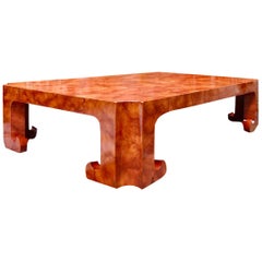 Baker Cinnabar Lacquered Burled Elm Coffee Table Hollywood Regency Flambé, 1960s