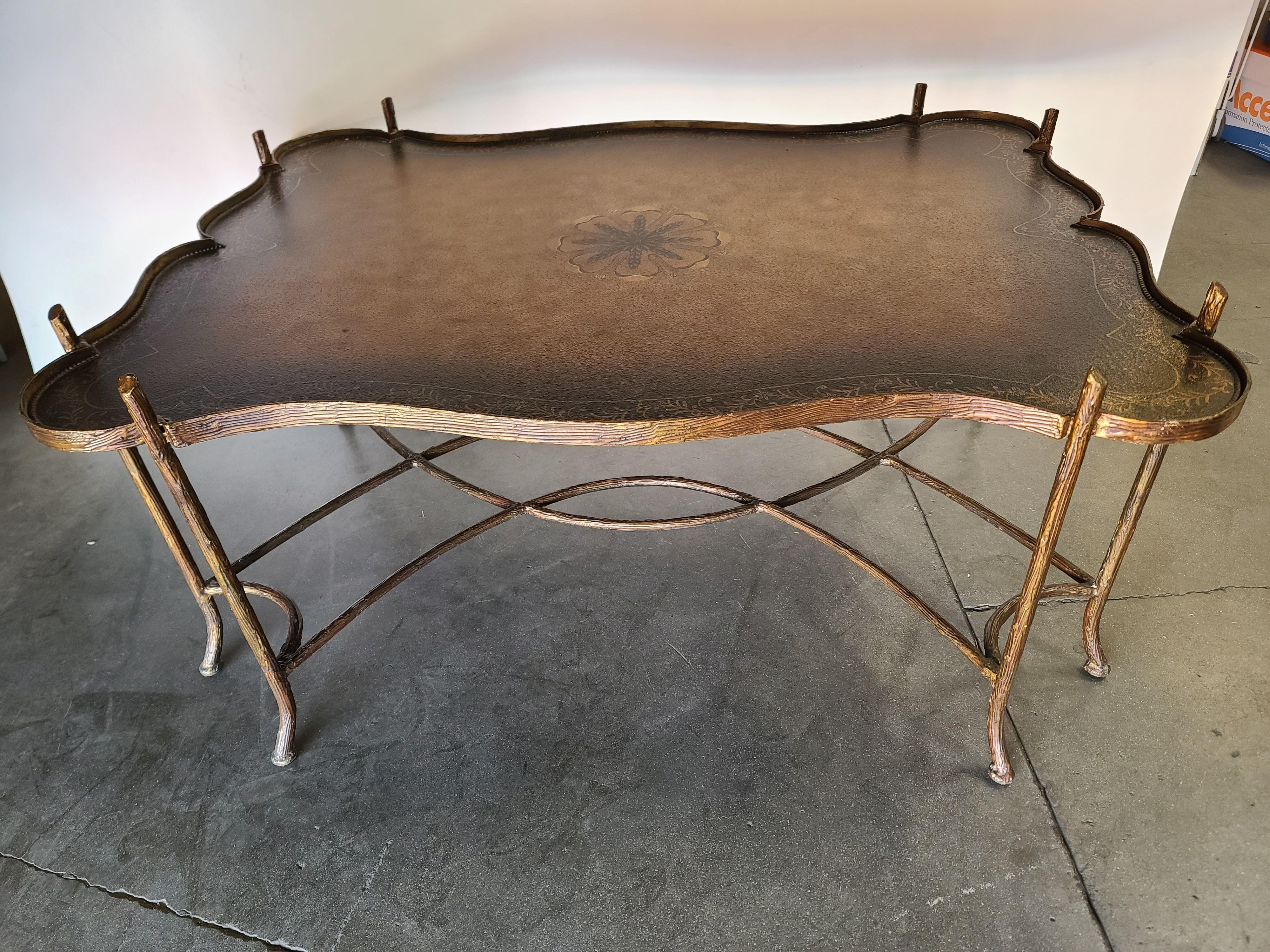 American Maitland Smith Gilded Iron Faux Bois Tray Top Statement Tole Cocktail Table For Sale