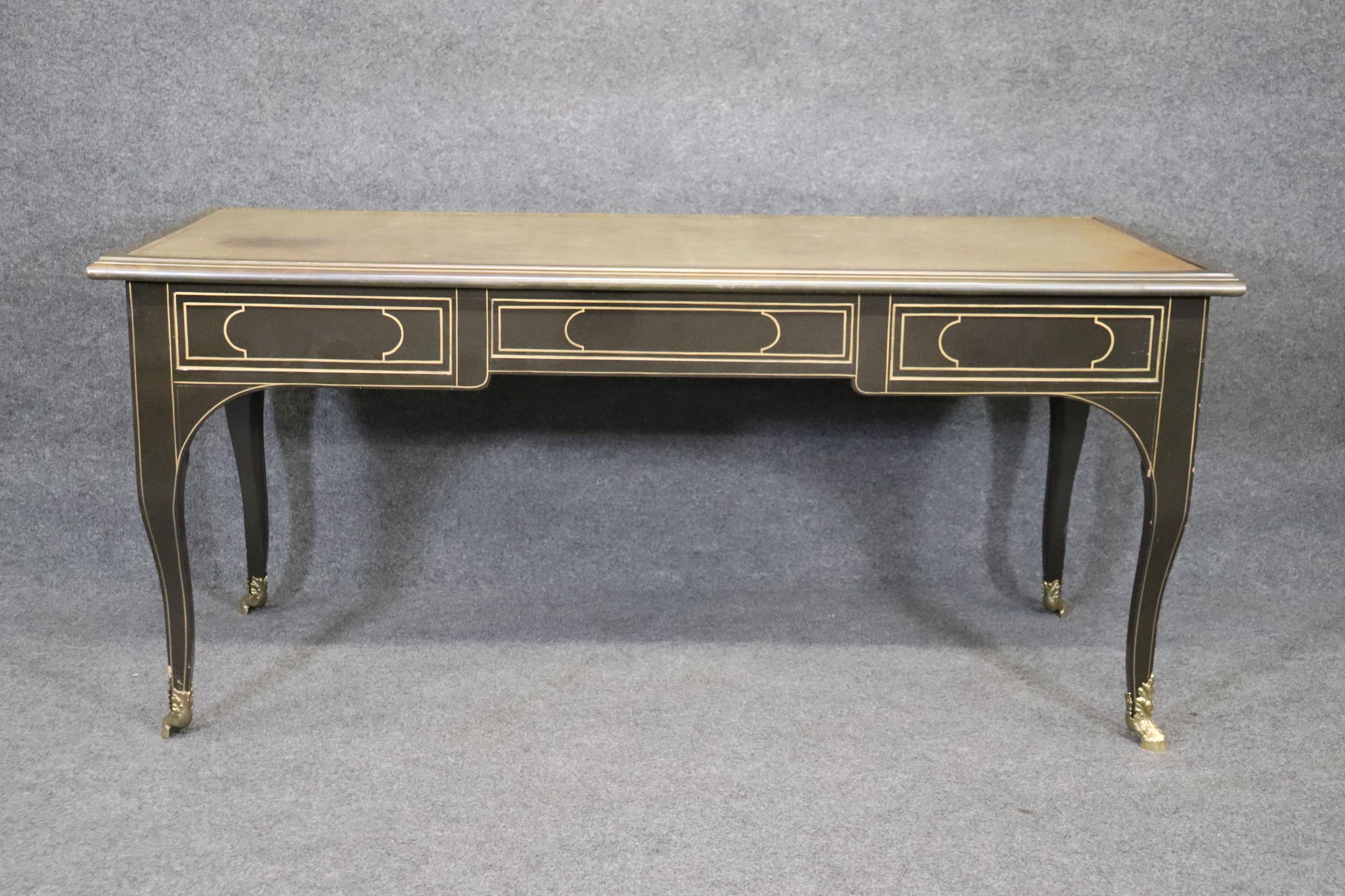 Bronze Baker Collector's Edition Brass Bound Leather Top Louis XV Bureau Plat For Sale