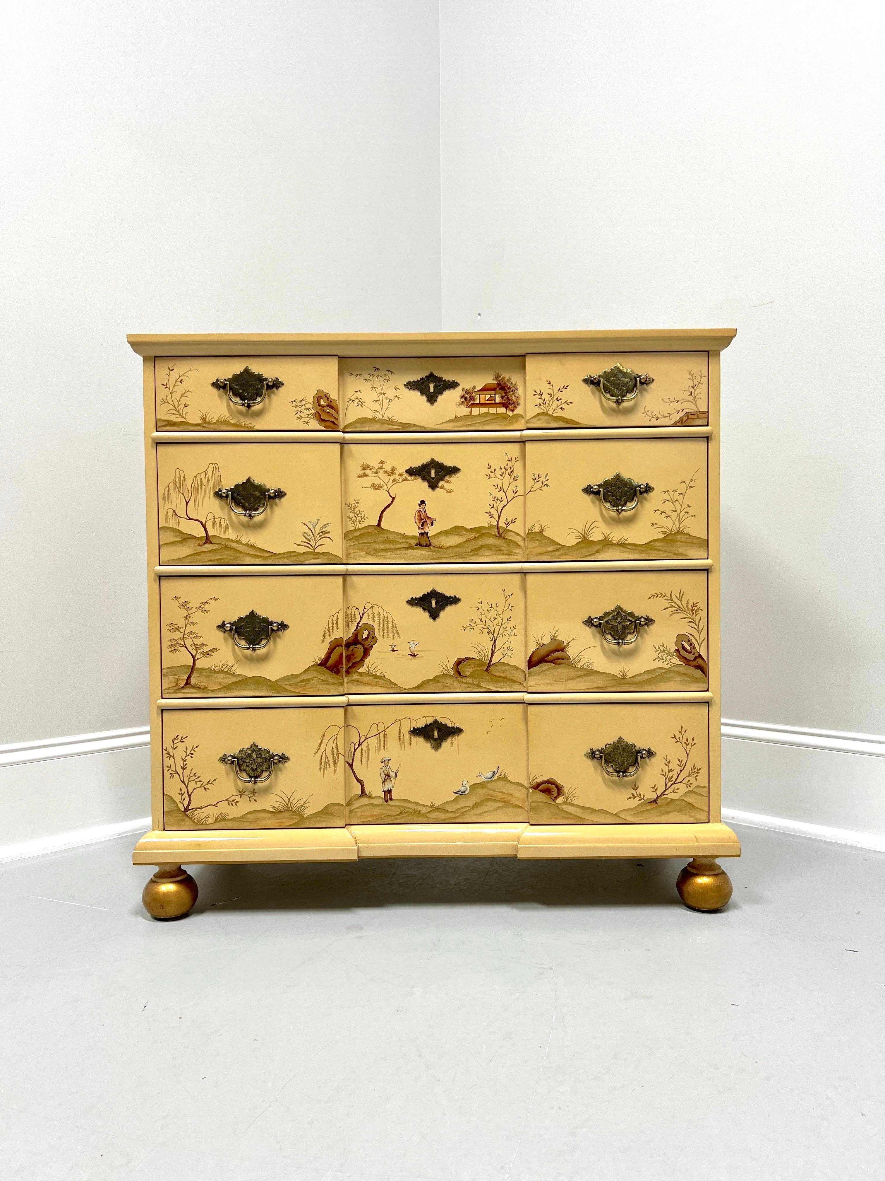 An Asian Chinoiserie style block front bachelor chest by Baker Furniture, from their Collector's Edition. Solid wood, block front, hand painted with Chinoiserie scenes, lacquered, gold painted banding to miter edge top, brass hardware, and gold