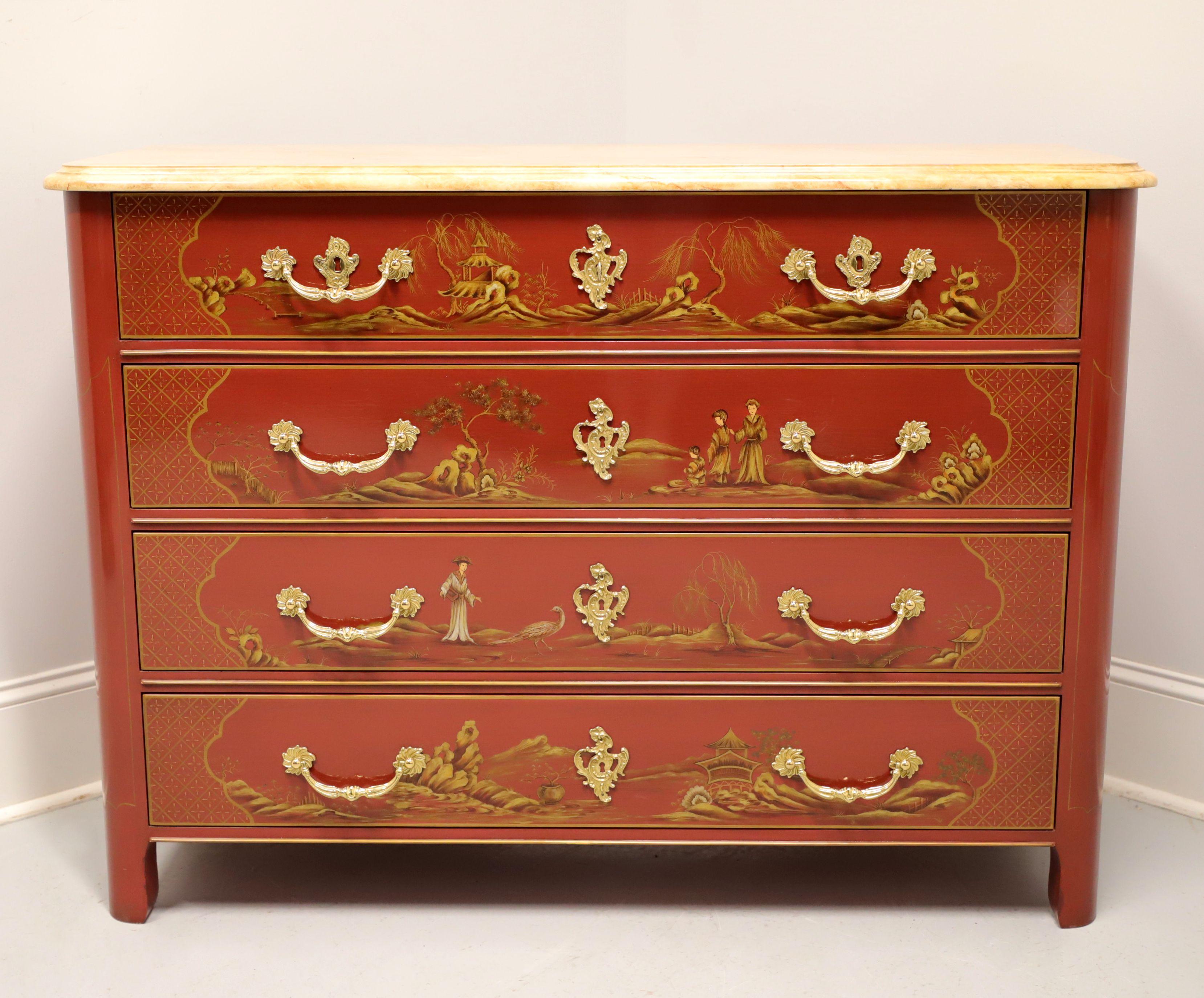 An Asian Style occasional four-drawer chest by Baker Furniture, from their Collector's Edition. Solid wood with rust red color lacquer, hand painted with chinoiserie scenes to drawer fronts, attached ogee edge faux marble top, brass hardware, and