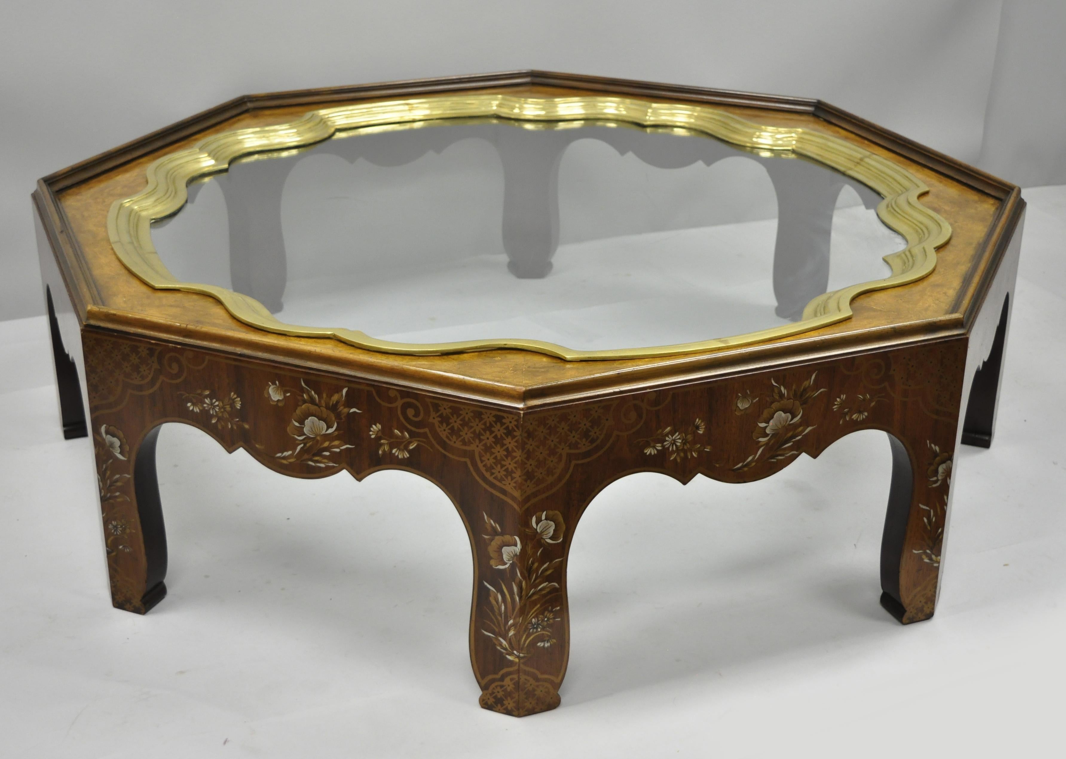 Baker Collectors Edition Painted Chinoiserie Brass Glass Octagonal Coffee Table 4