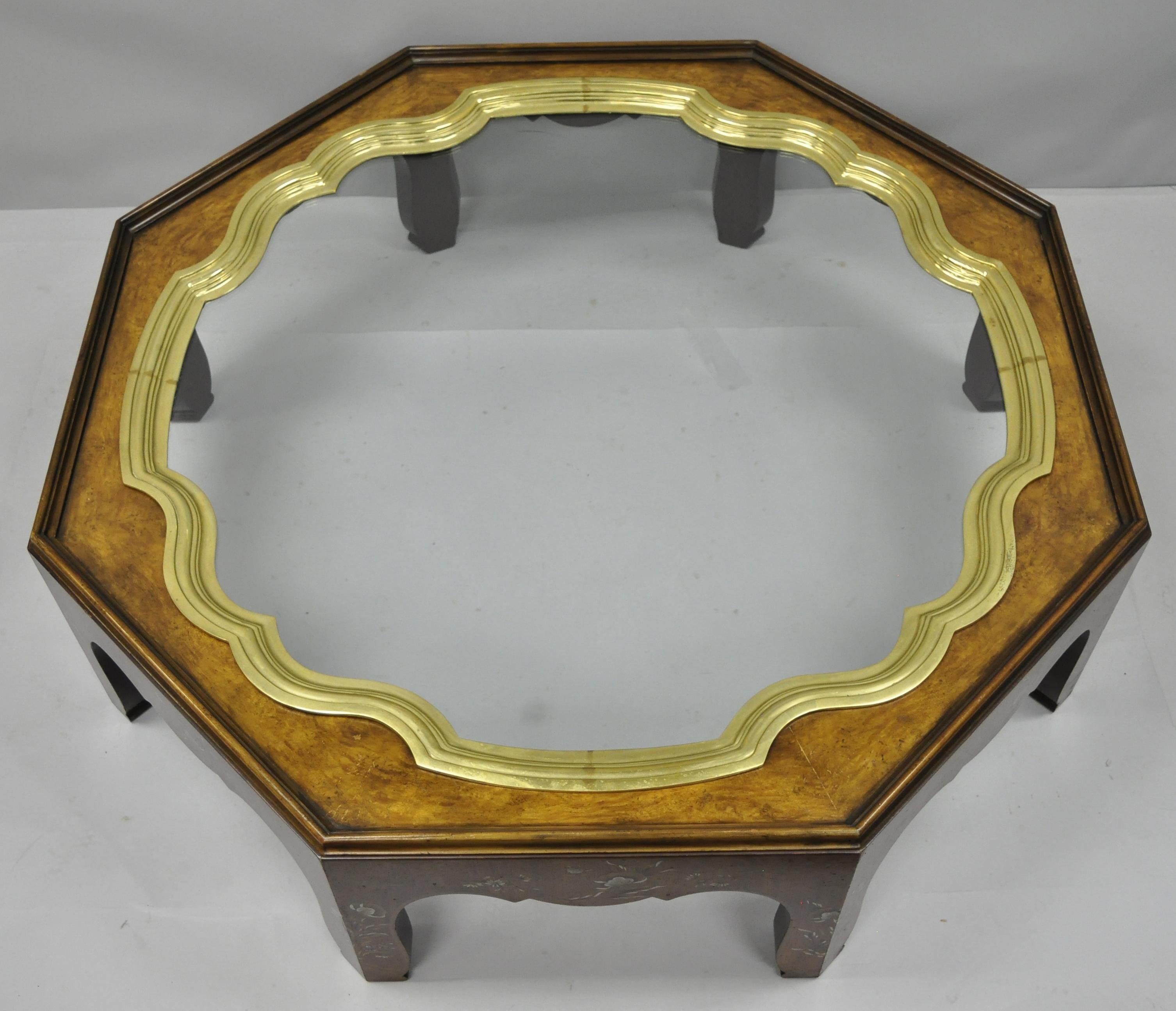 Baker collectors edition chinoiserie brass and glass burl wood coffee table. 