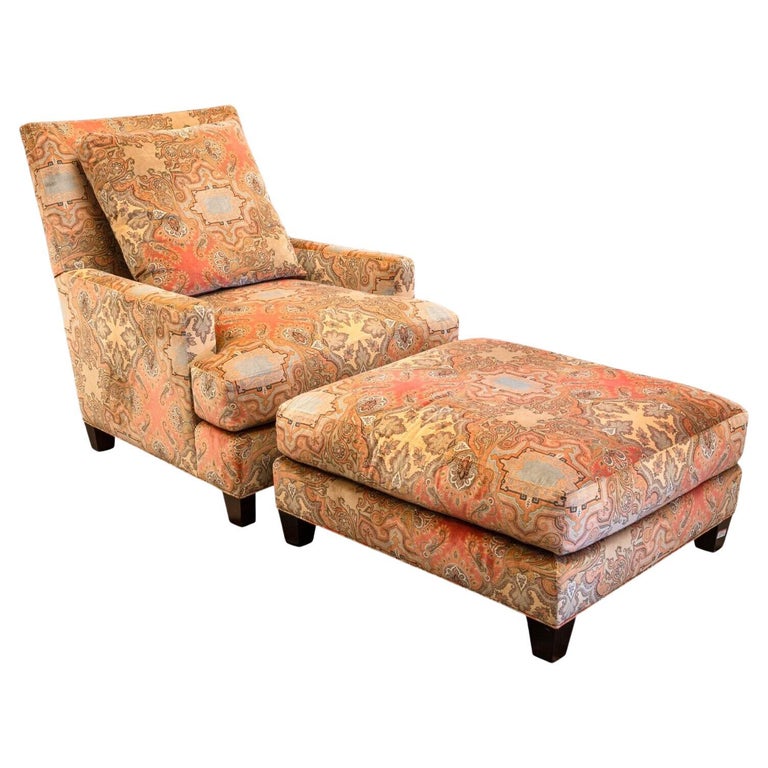 Baker Contemporary Paisley Upholstered Armchair and Ottoman For Sale at