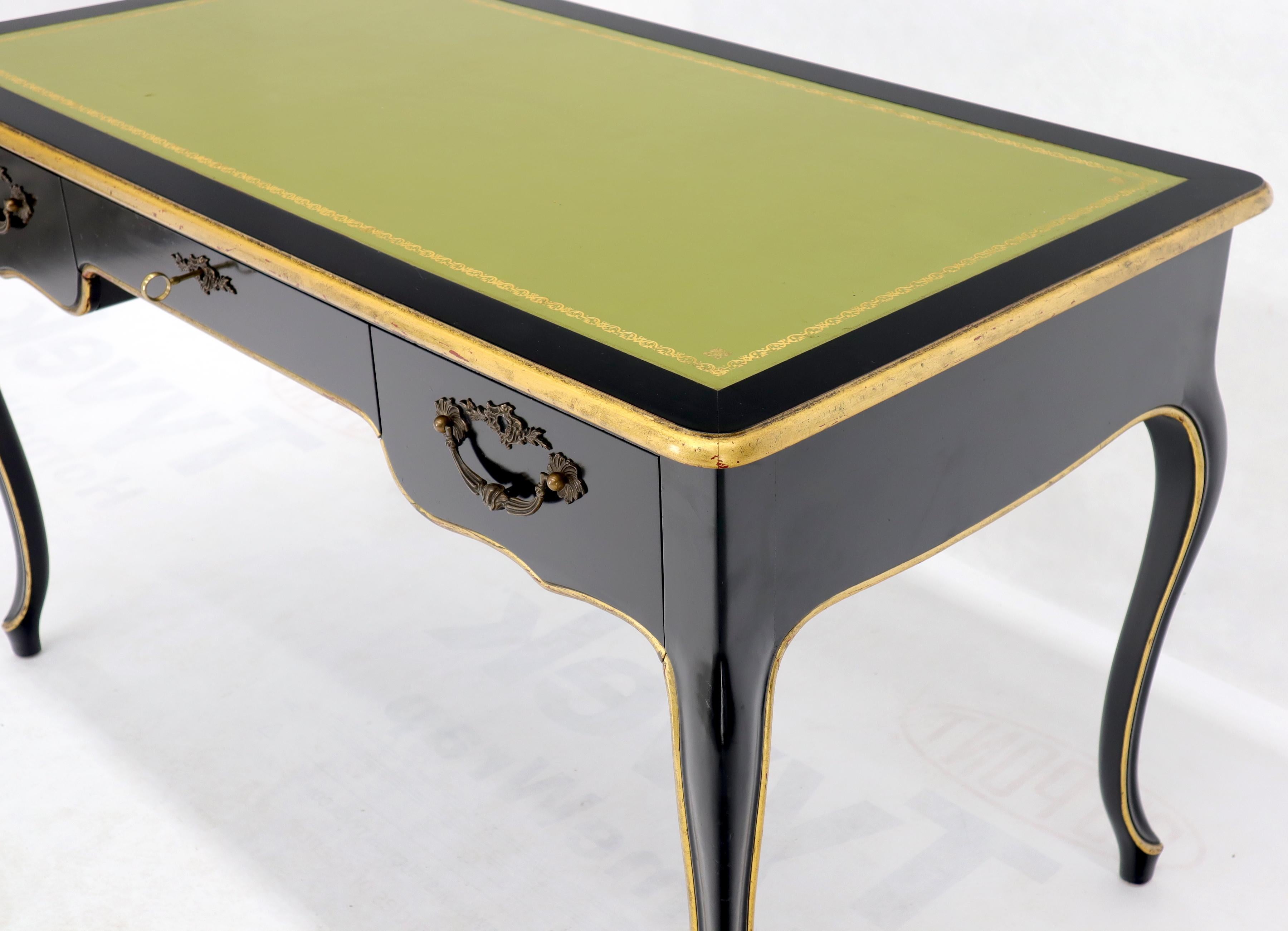 Mid-Century Modern Baker Country French Black Lacquer Gold Trim Leather Desk Console For Sale