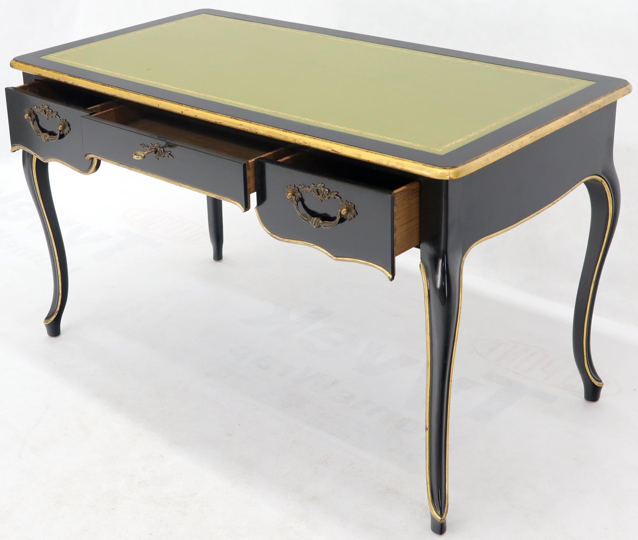 Embossed Baker Country French Black Lacquer Gold Trim Leather Desk Console For Sale
