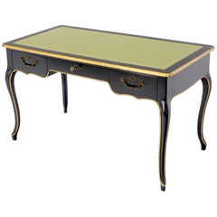 Vintage Baker Country French Black Lacquer Gold Trim Leather Desk Console