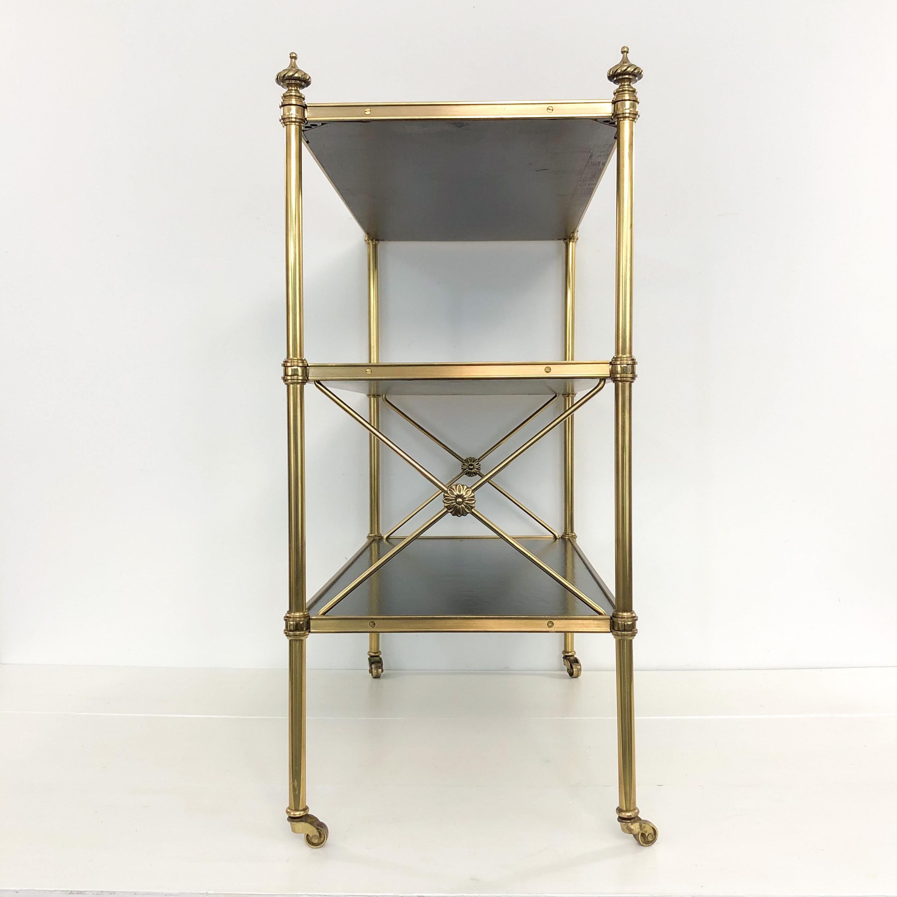 American Baker Directoire Brass and Leather Rolling Shelves