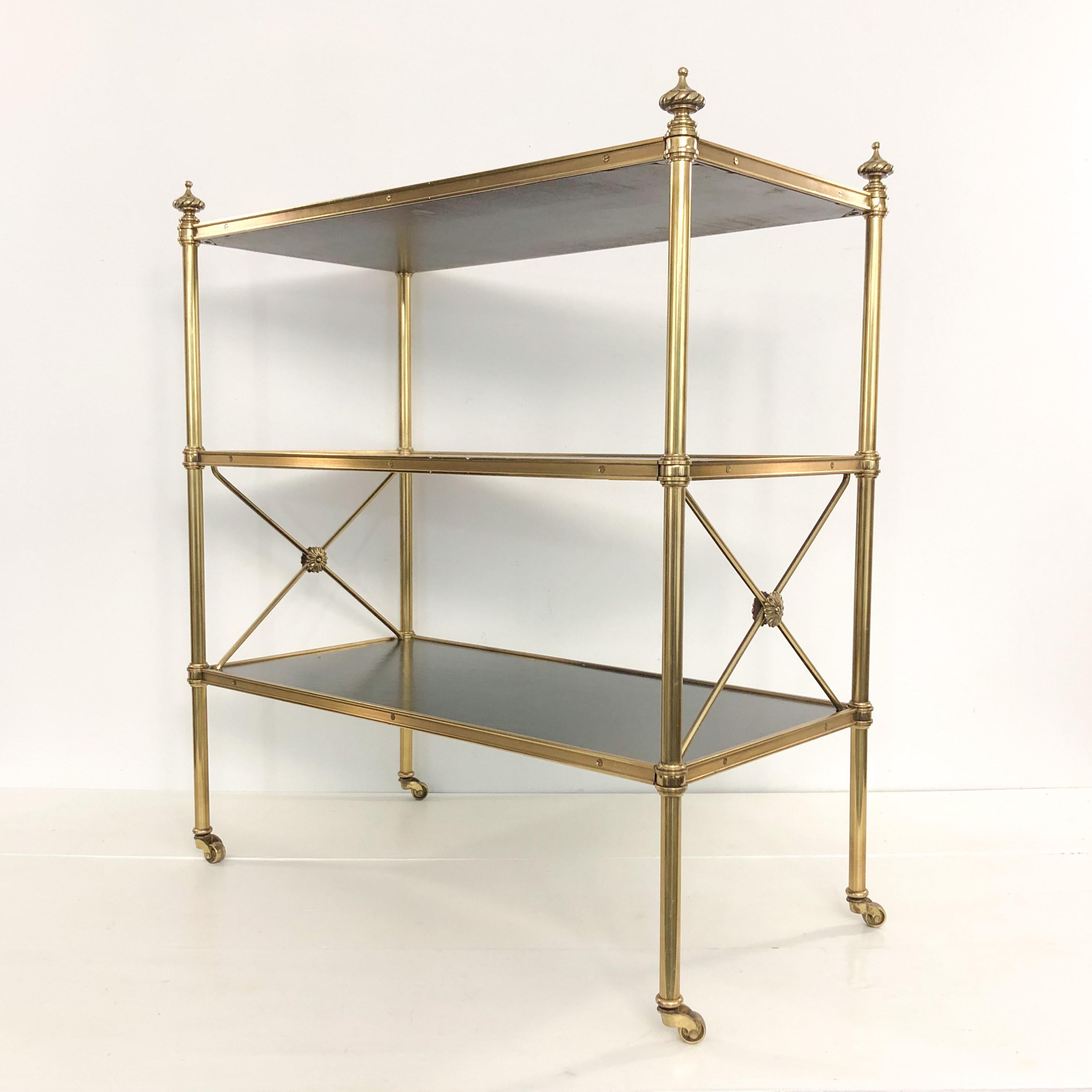 Baker Directoire Brass and Leather Rolling Shelves In Good Condition In Camden, ME