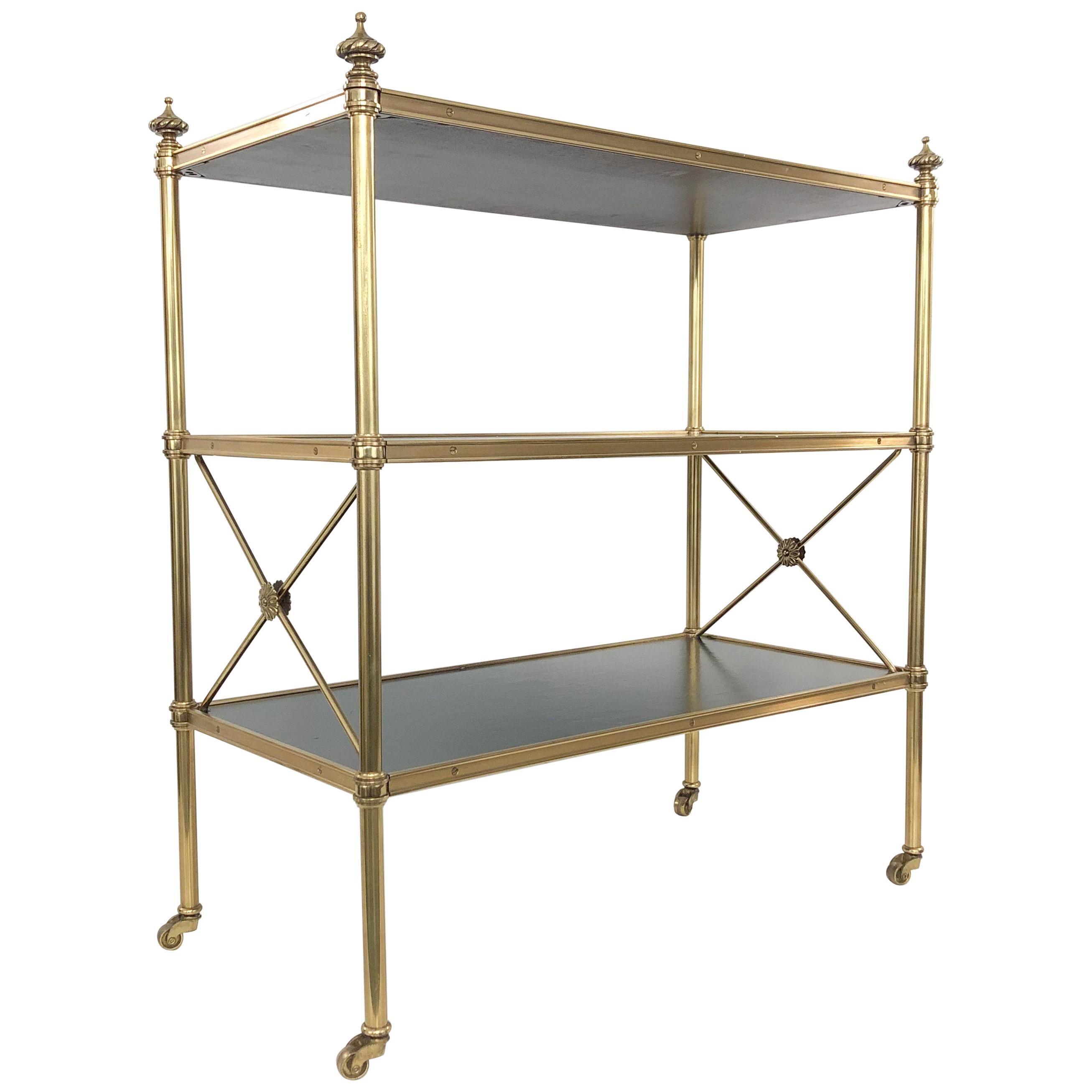 Baker Directoire Brass and Leather Rolling Shelves
