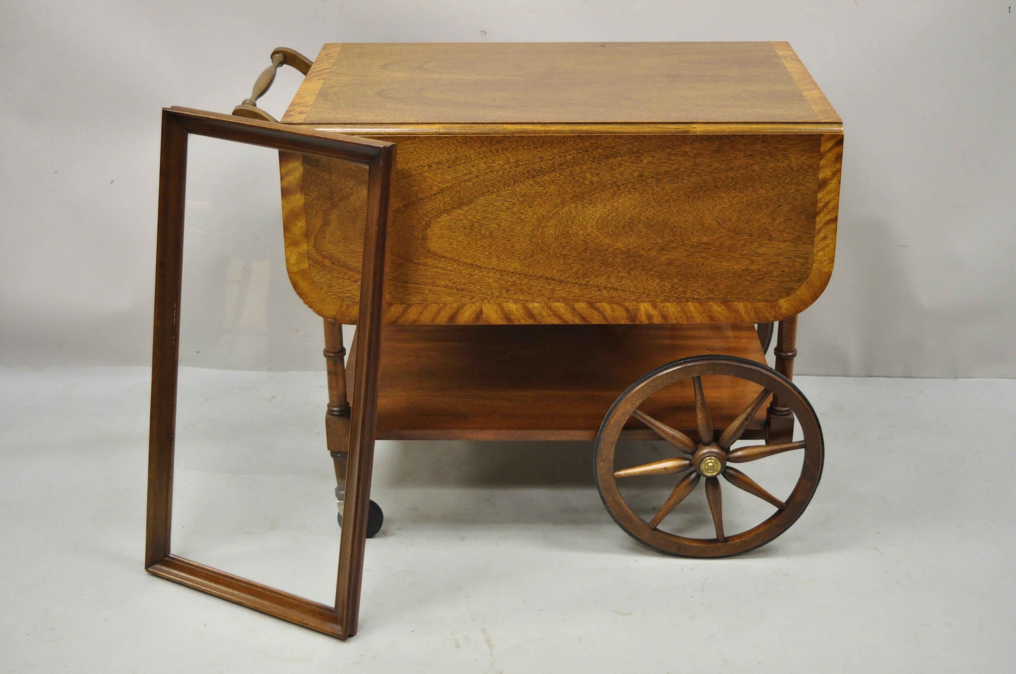 Baker Drop Leaf Mahogany Banded Inlay Tea Cart Server Cart with Glass Tray For Sale 2