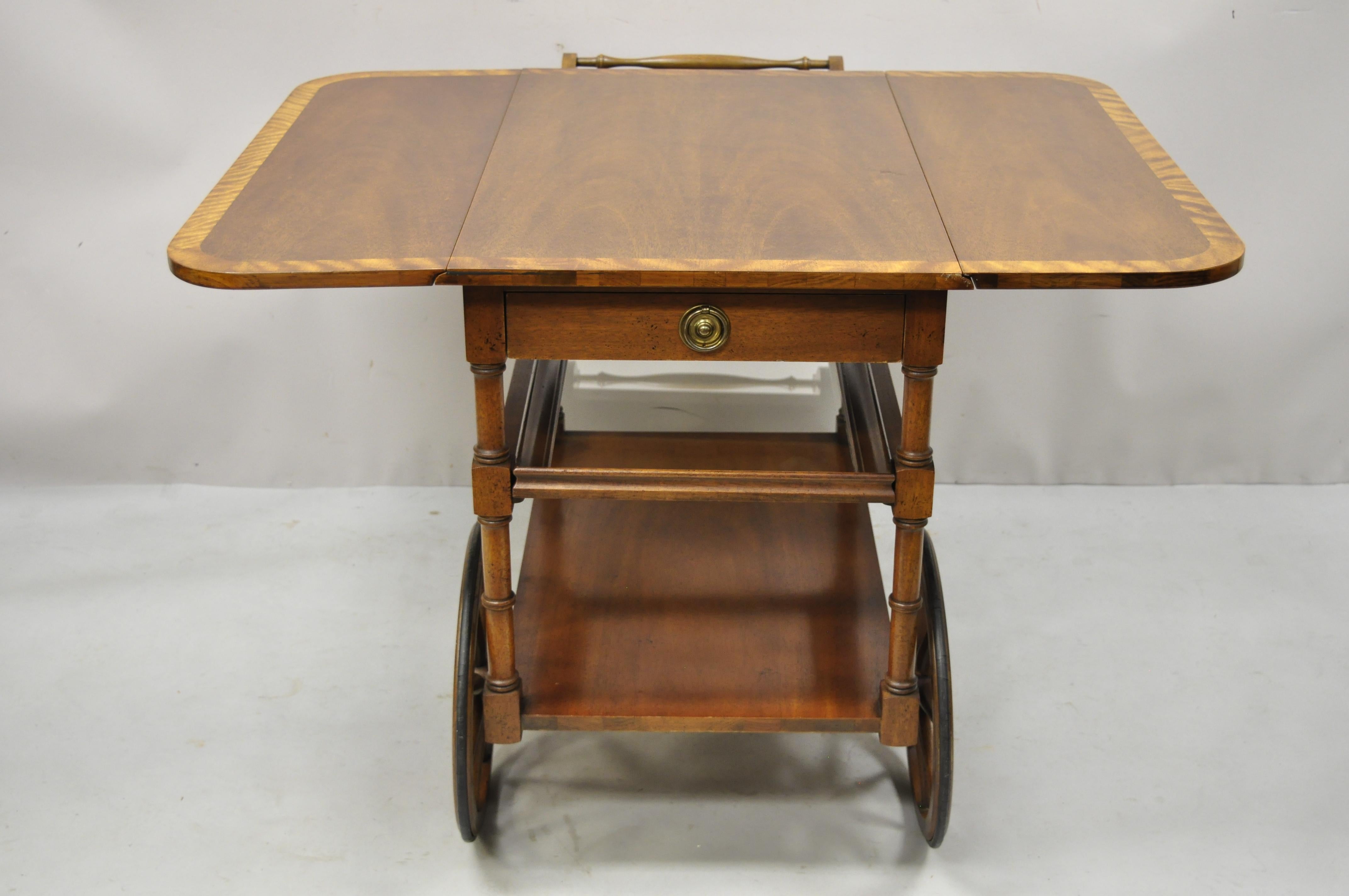 Baker Drop Leaf Mahogany Banded Inlay Tea Cart Server Cart with Glass Tray For Sale 3