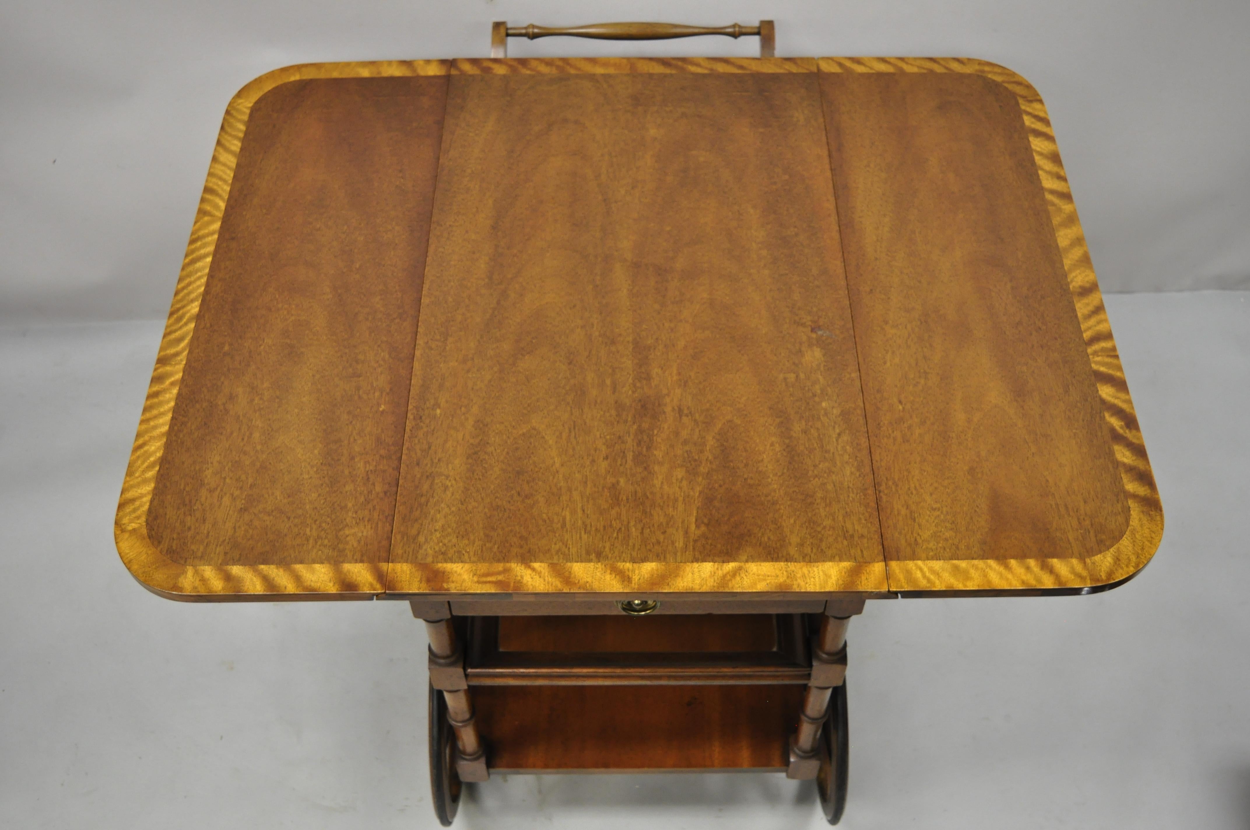 20th Century Baker Drop Leaf Mahogany Banded Inlay Tea Cart Server Cart with Glass Tray For Sale