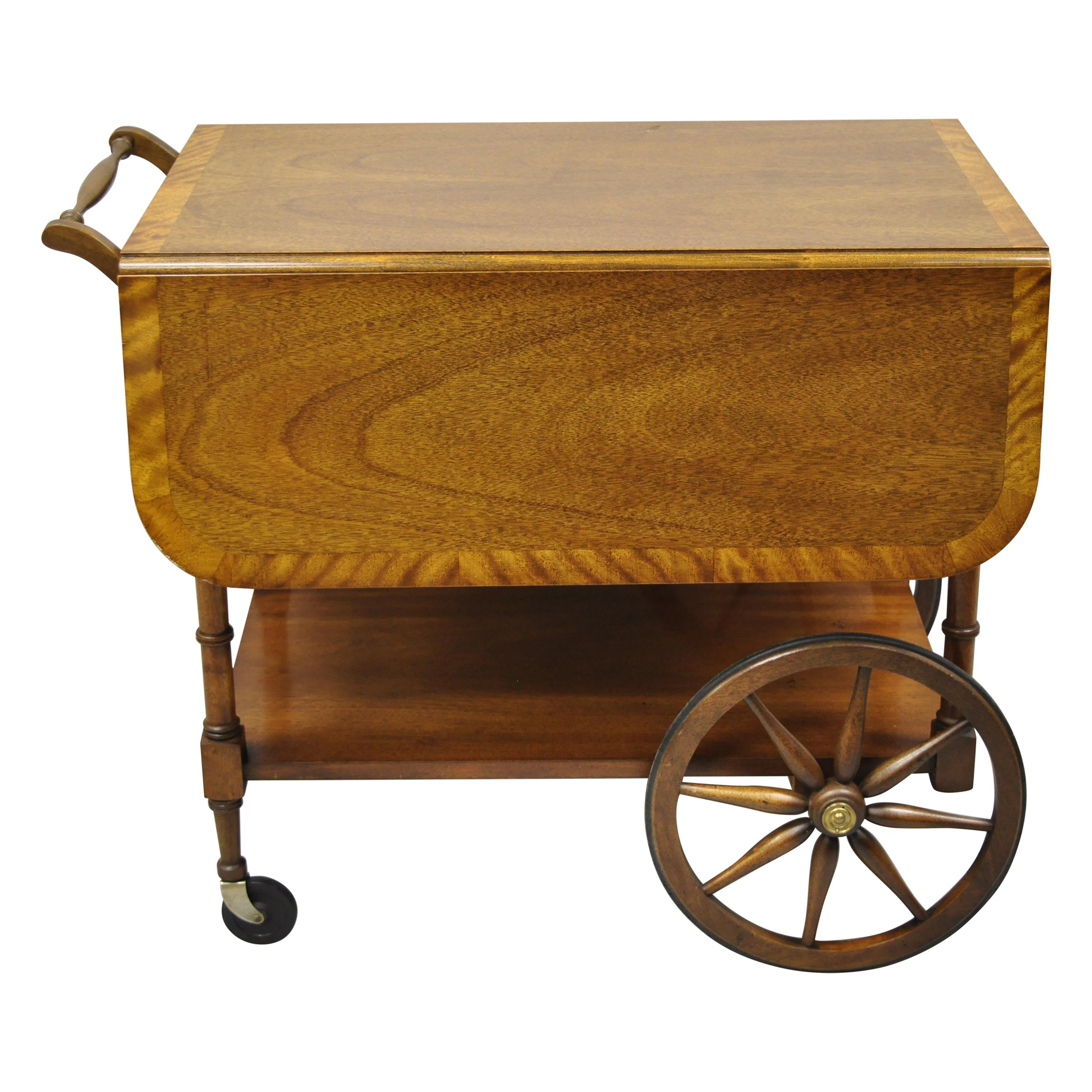 Baker Drop Leaf Mahogany Banded Inlay Tea Cart Server Cart with Glass Tray For Sale