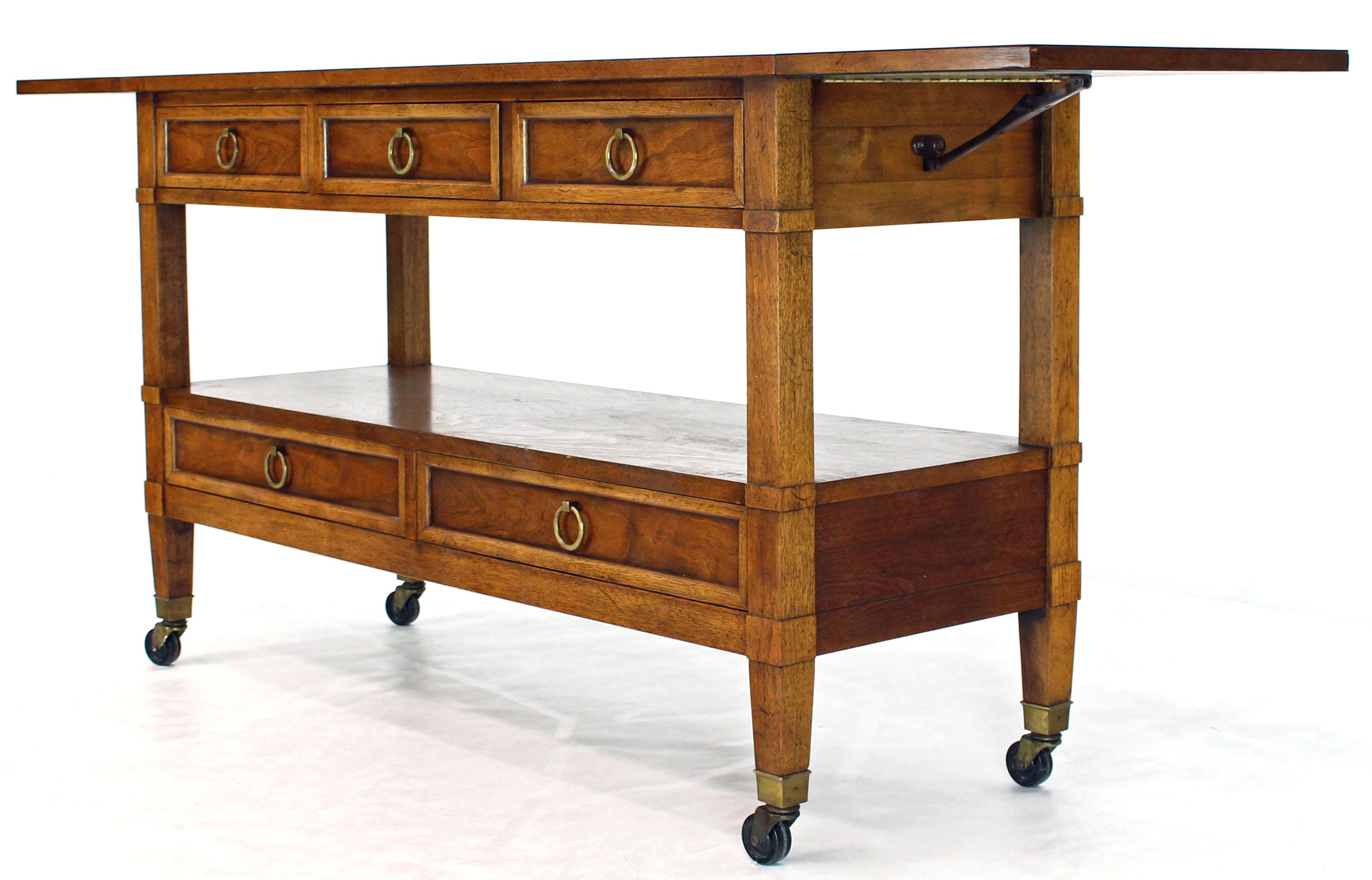 20th Century Baker Drop Leaf Serving Cart Server Cabinet on Wheels Five Drawers