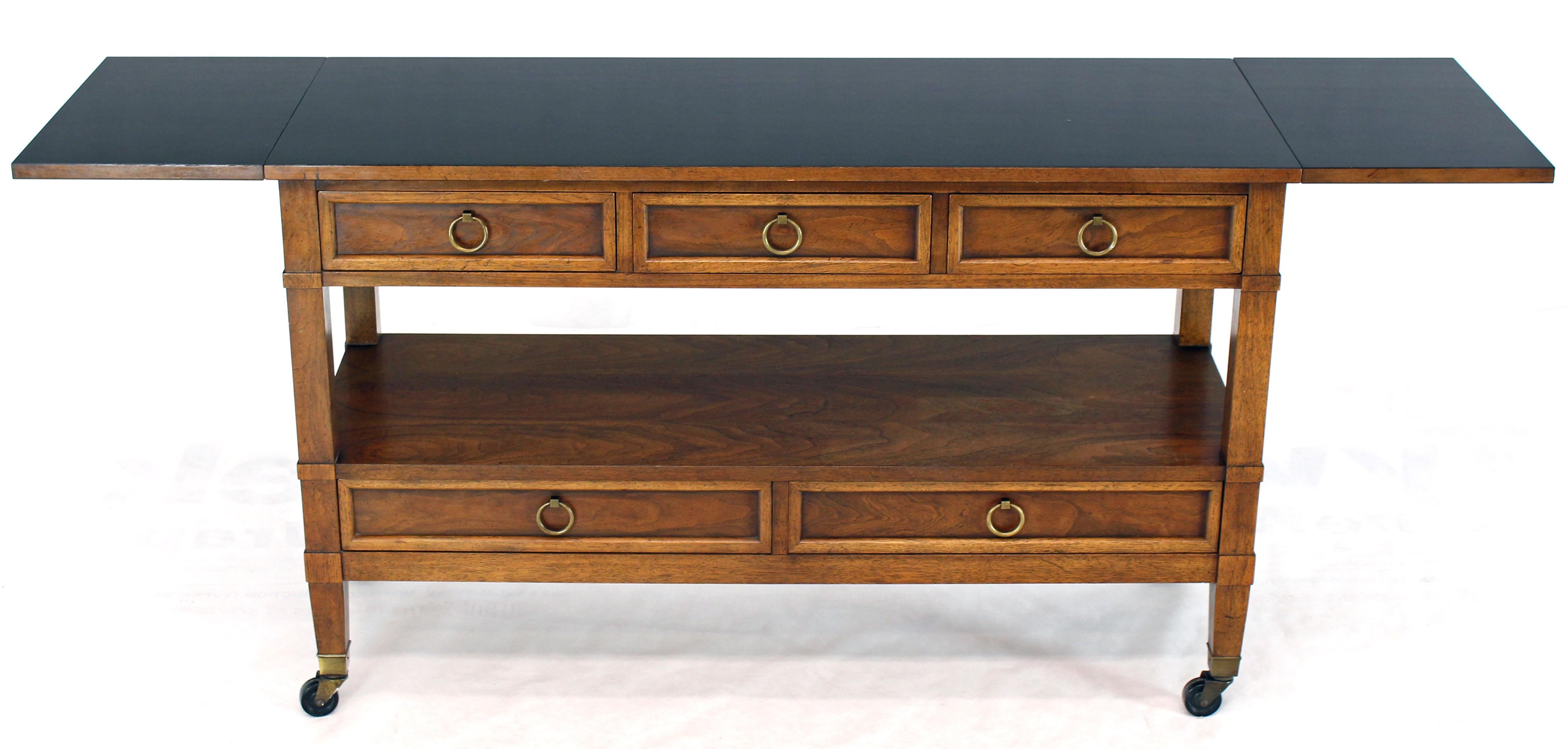 Brass Baker Drop Leaf Serving Cart Server Cabinet on Wheels Five Drawers
