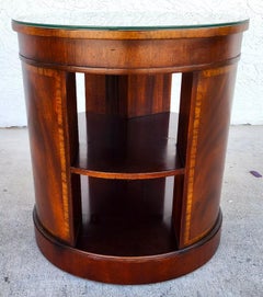 BAKER Drum Center Side Table Banded Mahogany Glass Top