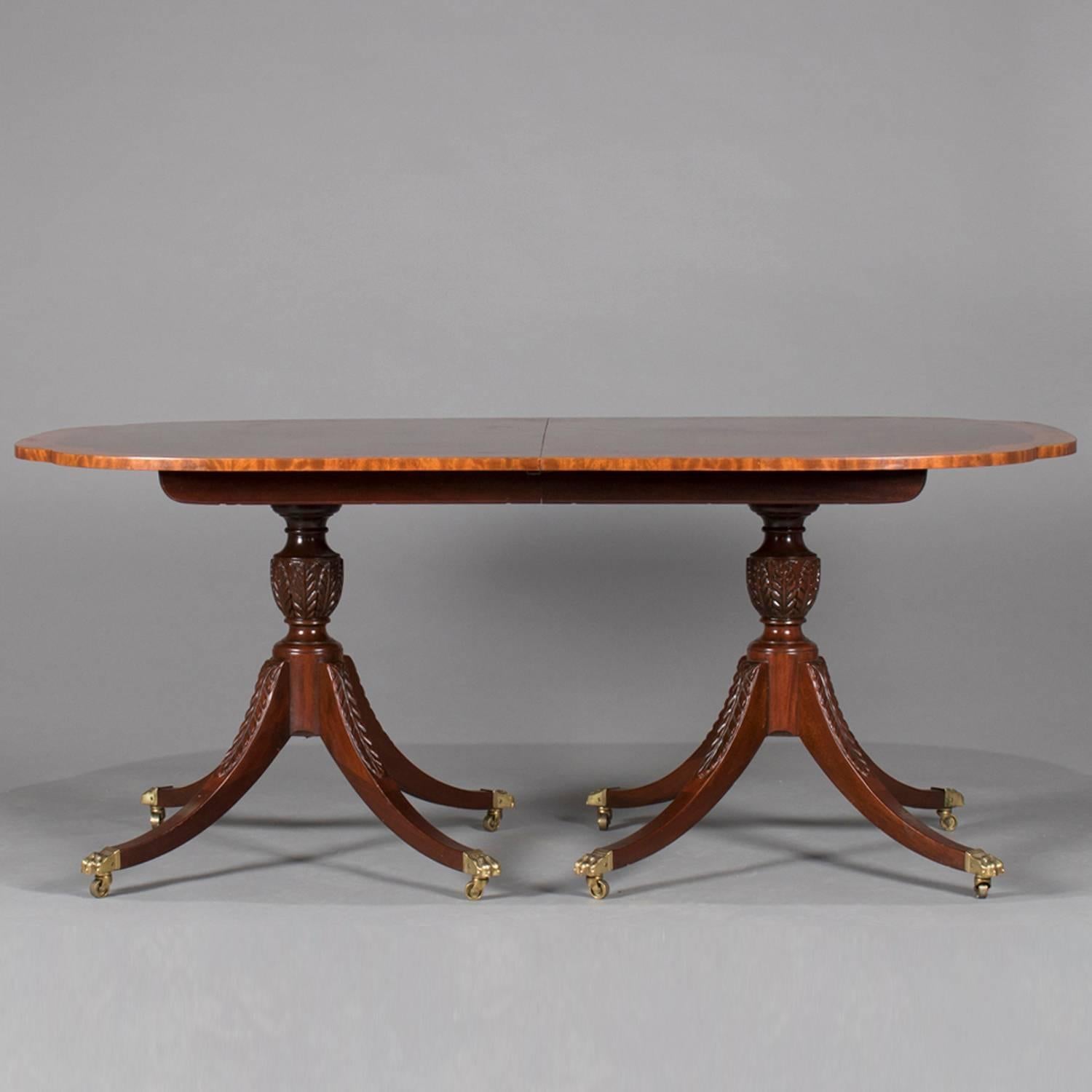 Baker Duncan Phyfe School Carved Flame Mahogany Banded Dining Table with Leaf 2