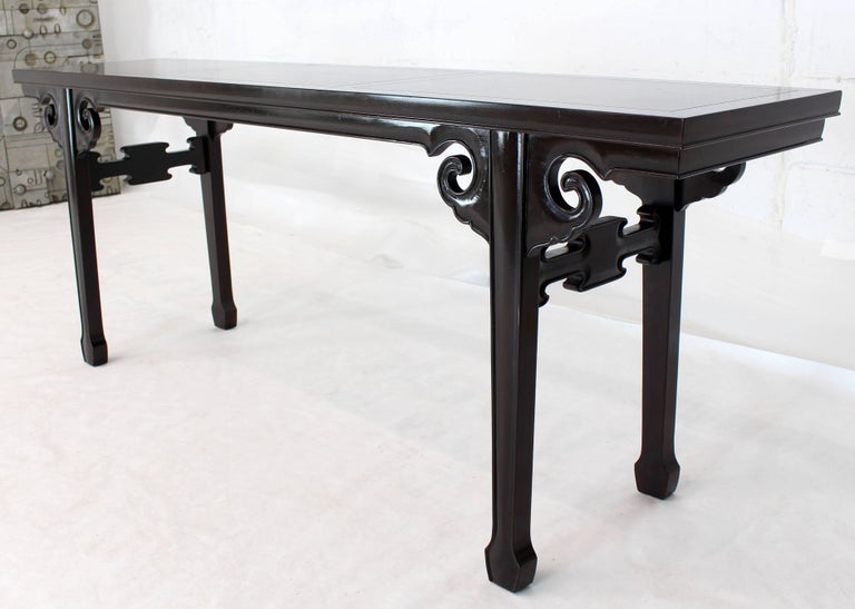 Baker Ebonized Carved Walnut Asian Motive Long Console Sofa Table at