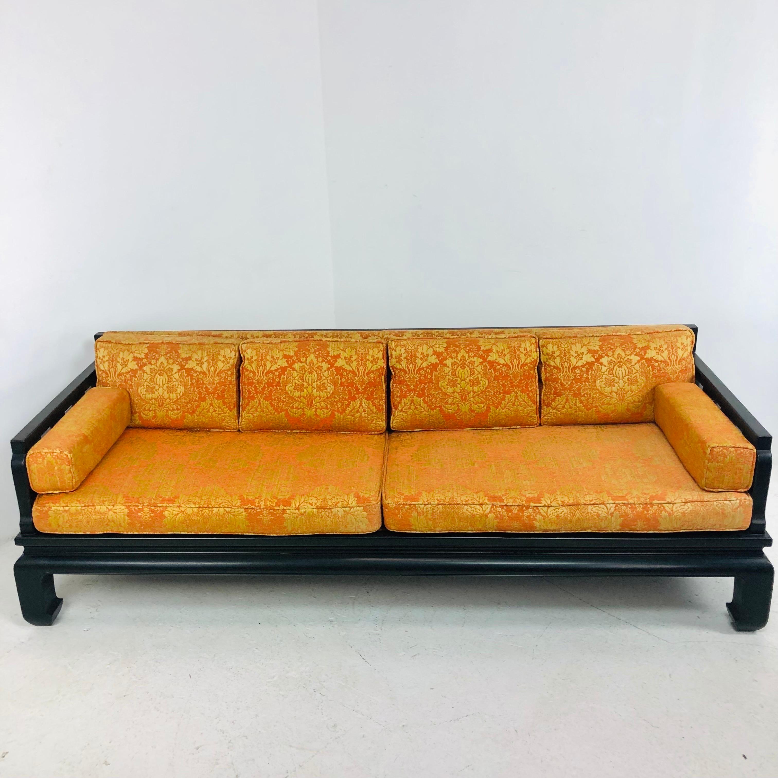 1970's ebonized oriental Ming inspired sofa in the manner of Michael Taylor for Baker Furniture. Original finish & silk upholstery - new fill is needed for cushions due to age. Some wear to finish, see photos for details.