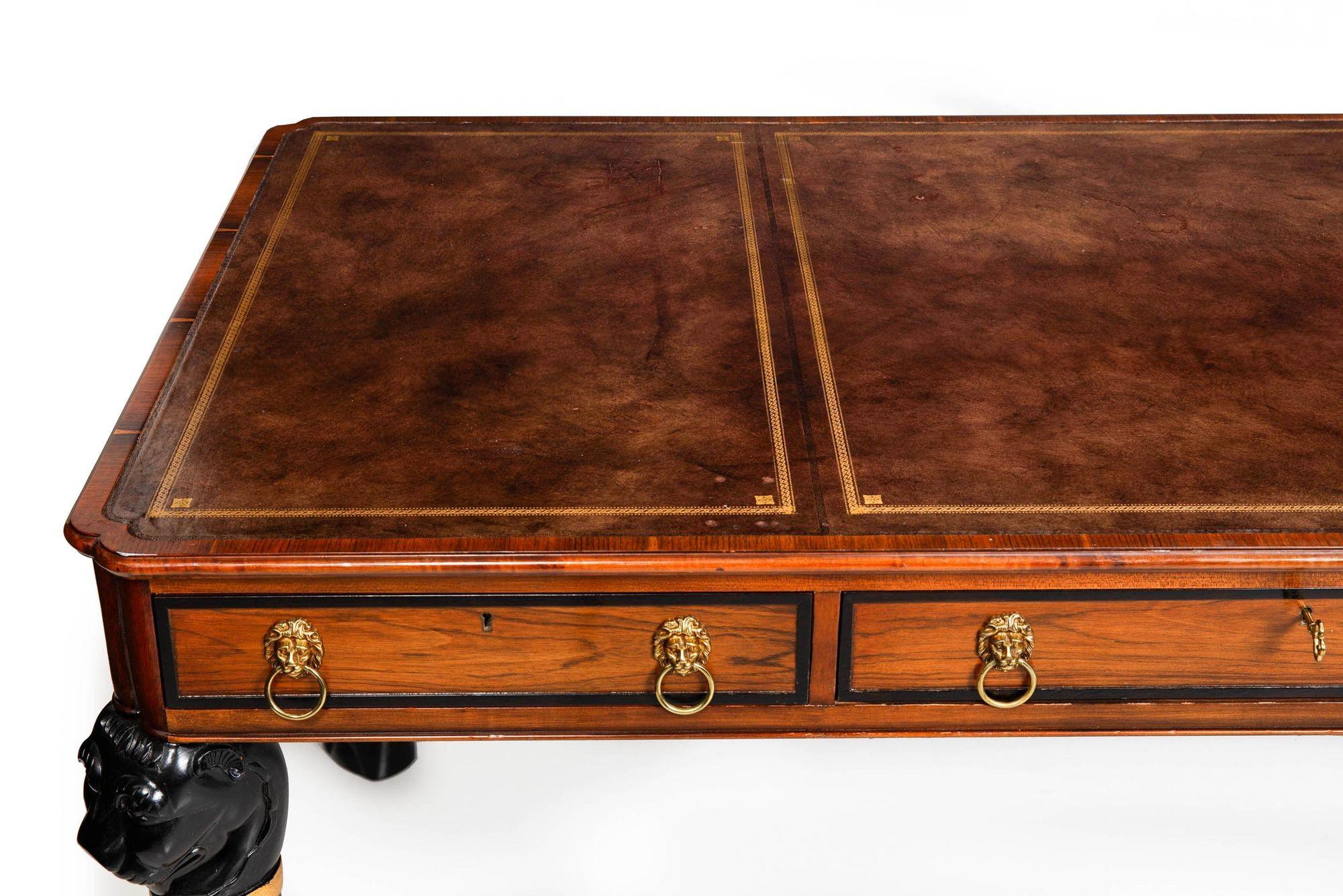 Brass Baker Egyptian Revival Antique Style Rosewood and Leather Writing Desk For Sale