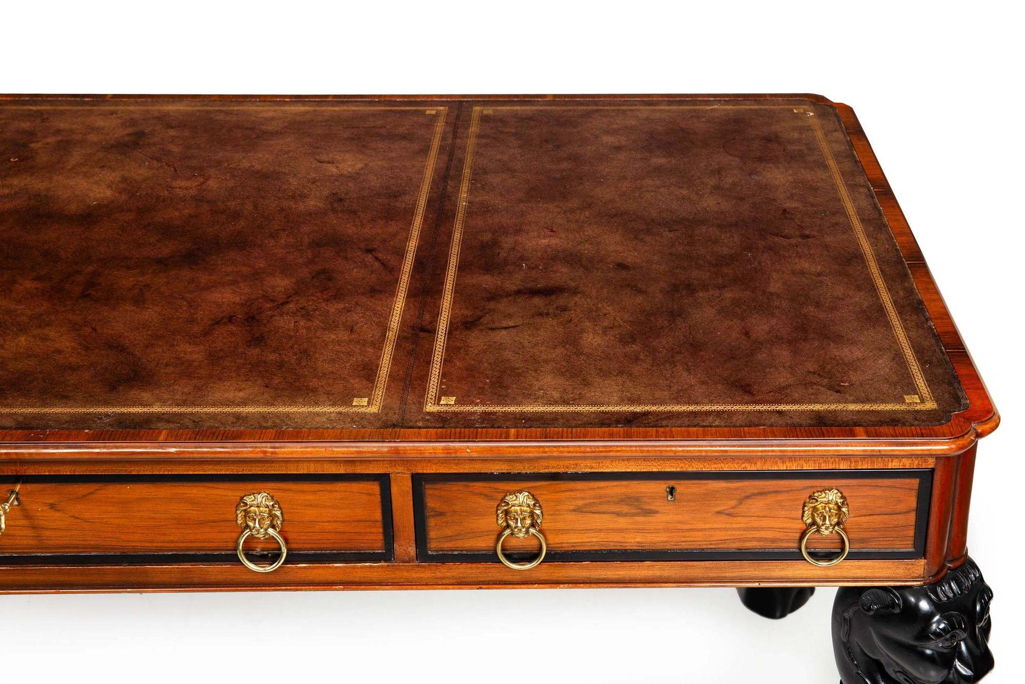 Baker Egyptian Revival Antique Style Rosewood and Leather Writing Desk For Sale 1