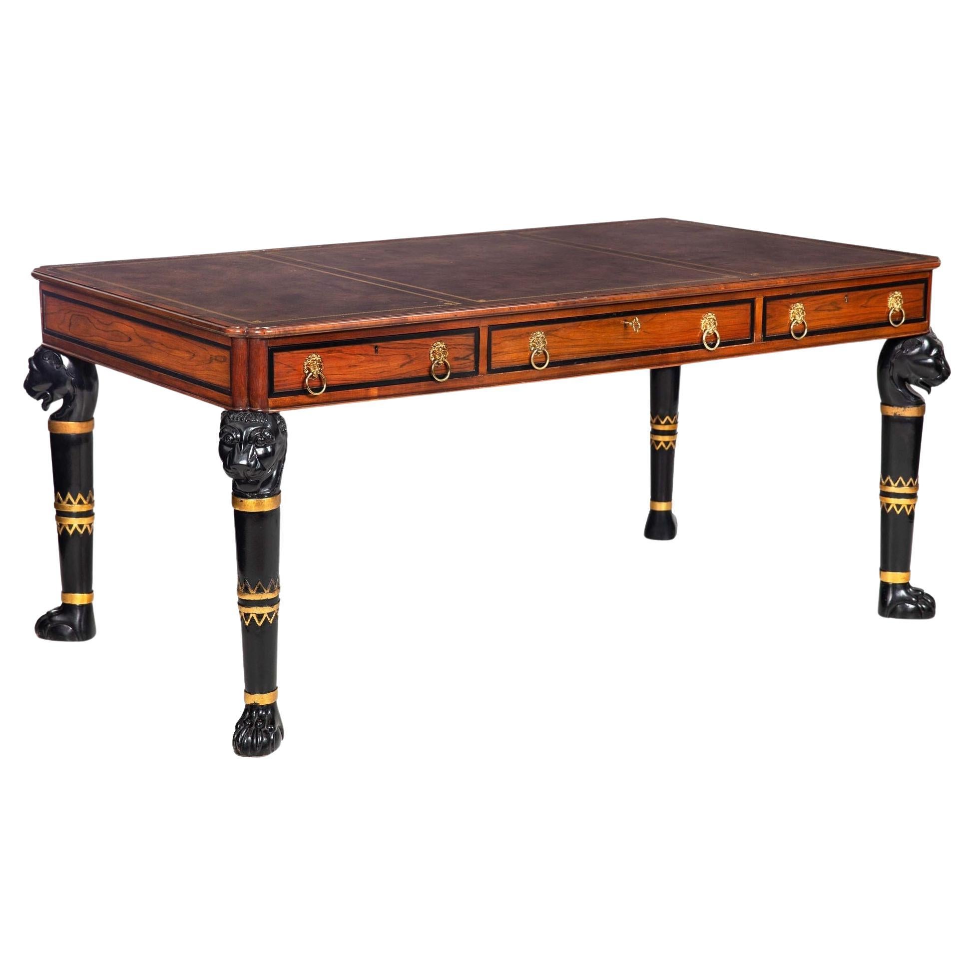 Baker Egyptian Revival Antique Style Rosewood and Leather Writing Desk For Sale