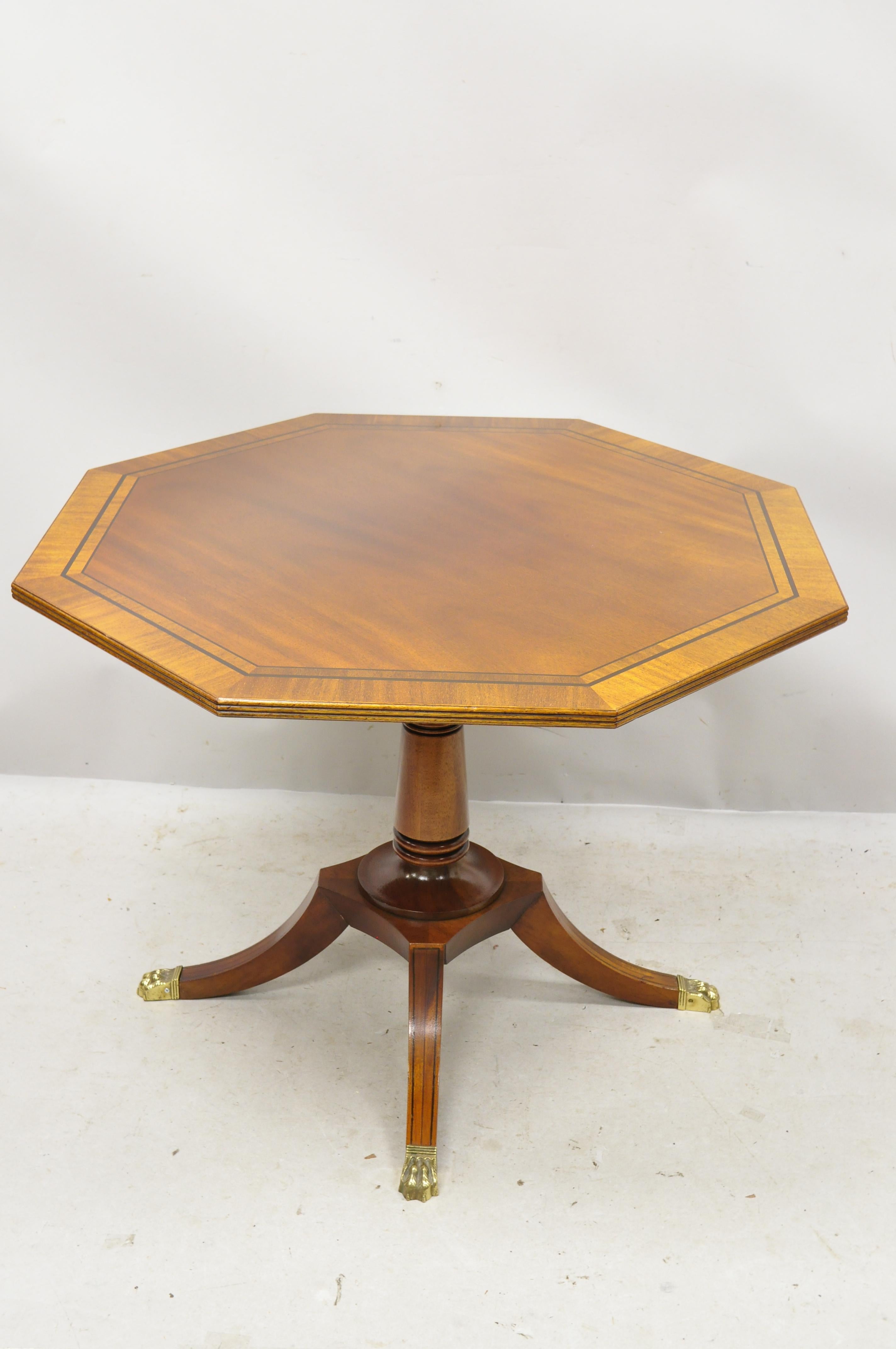 Baker English Regency Mahogany Pedestal Base Banded Inlay Octagonal Center Table 7