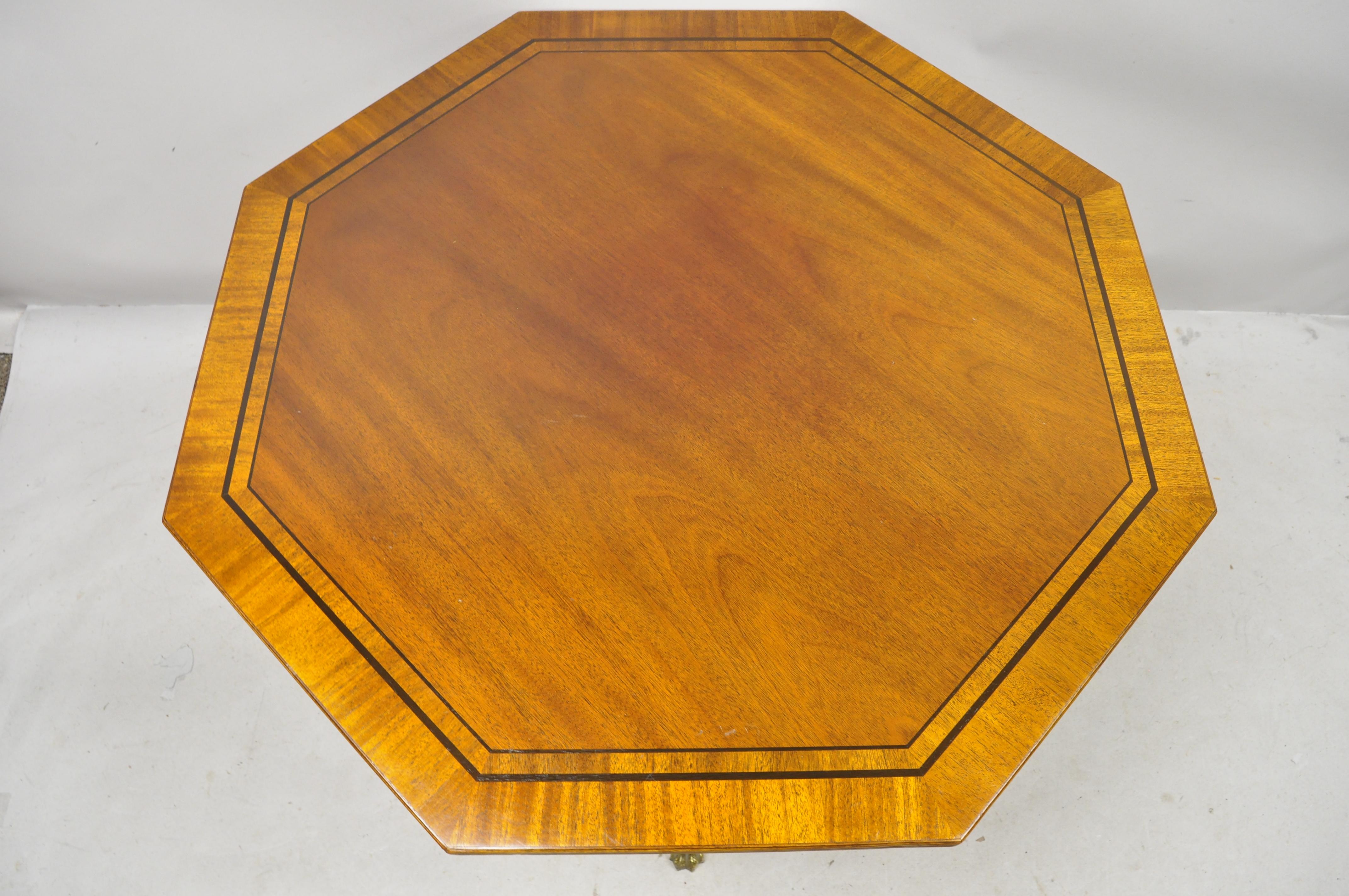Baker English Regency mahogany pedestal base banded inlay octagonal center table. Item features an octagonal banded and inlaid top, brass capped paw feet, pedestal base, beautiful wood grain, original label, quality American craftsmanship, great