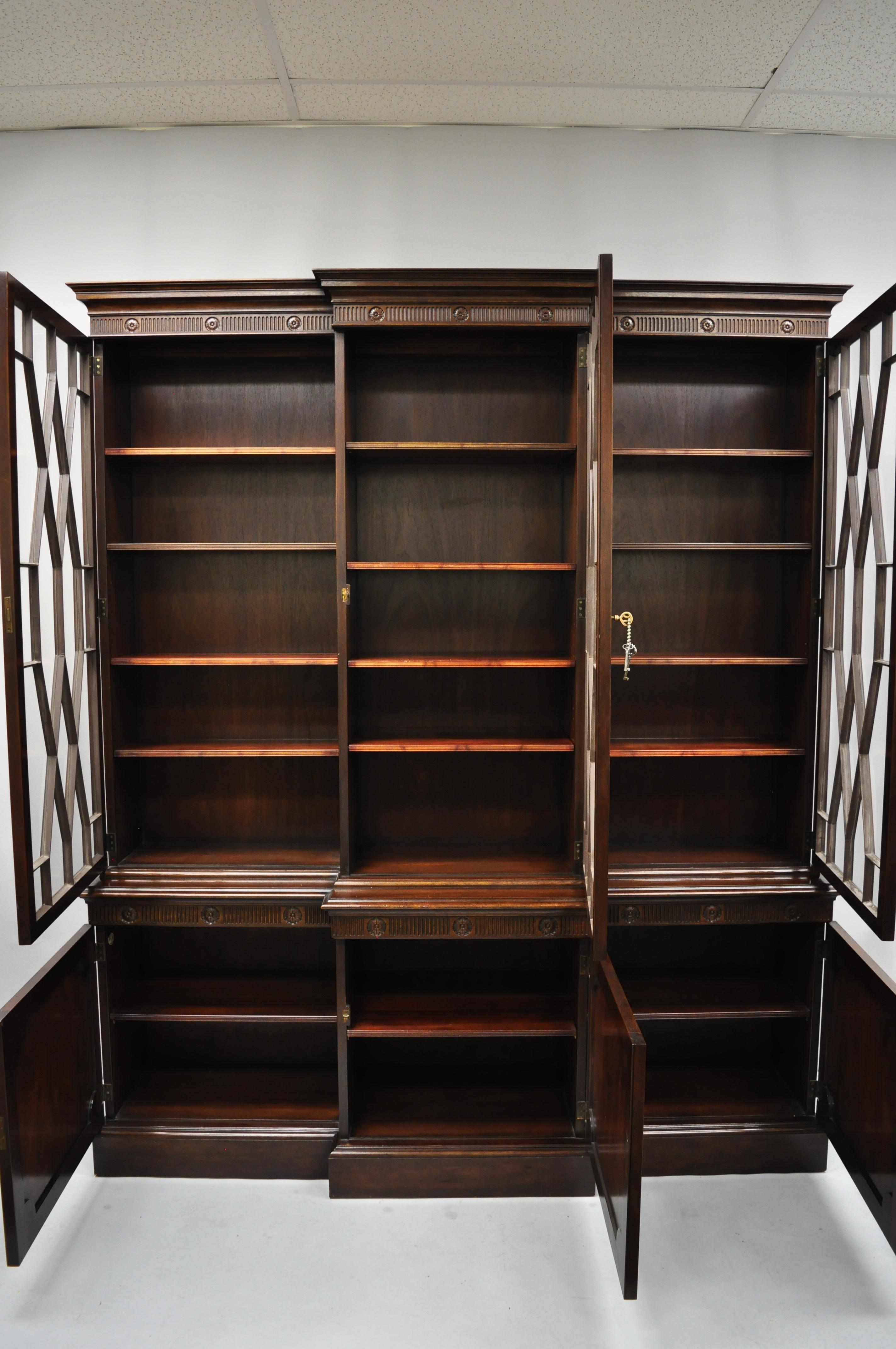 Baker English Regency Style Mahogany Breakfront China Cabinet Bookcase Cupboard In Good Condition In Philadelphia, PA