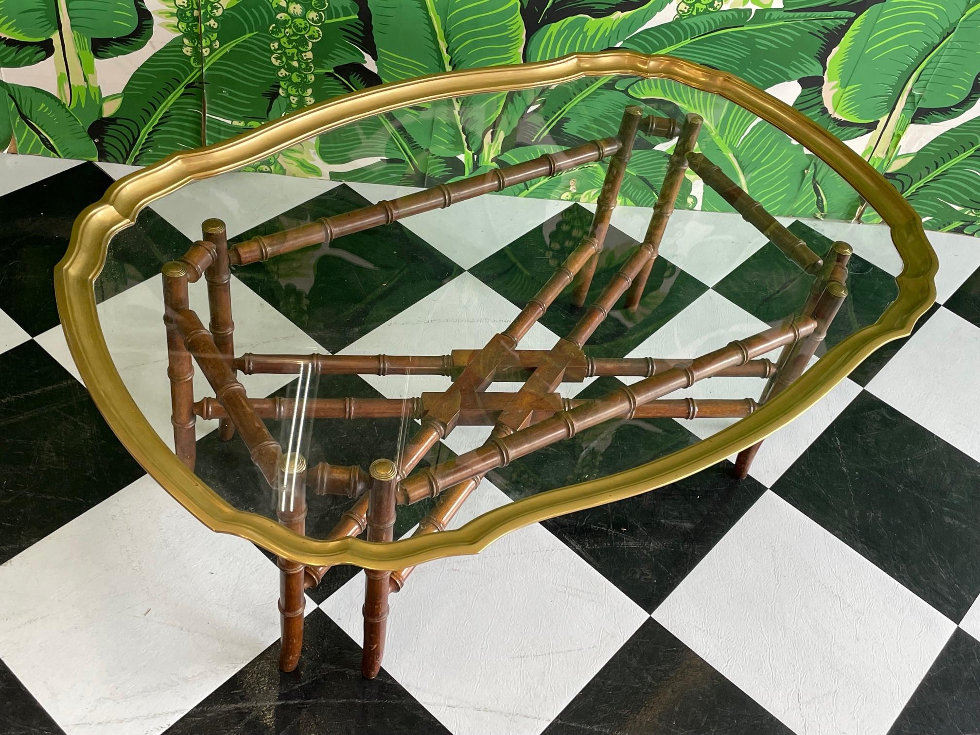 Organic Modern Baker Faux Bamboo Brass Frame Glass Top Coffee Table