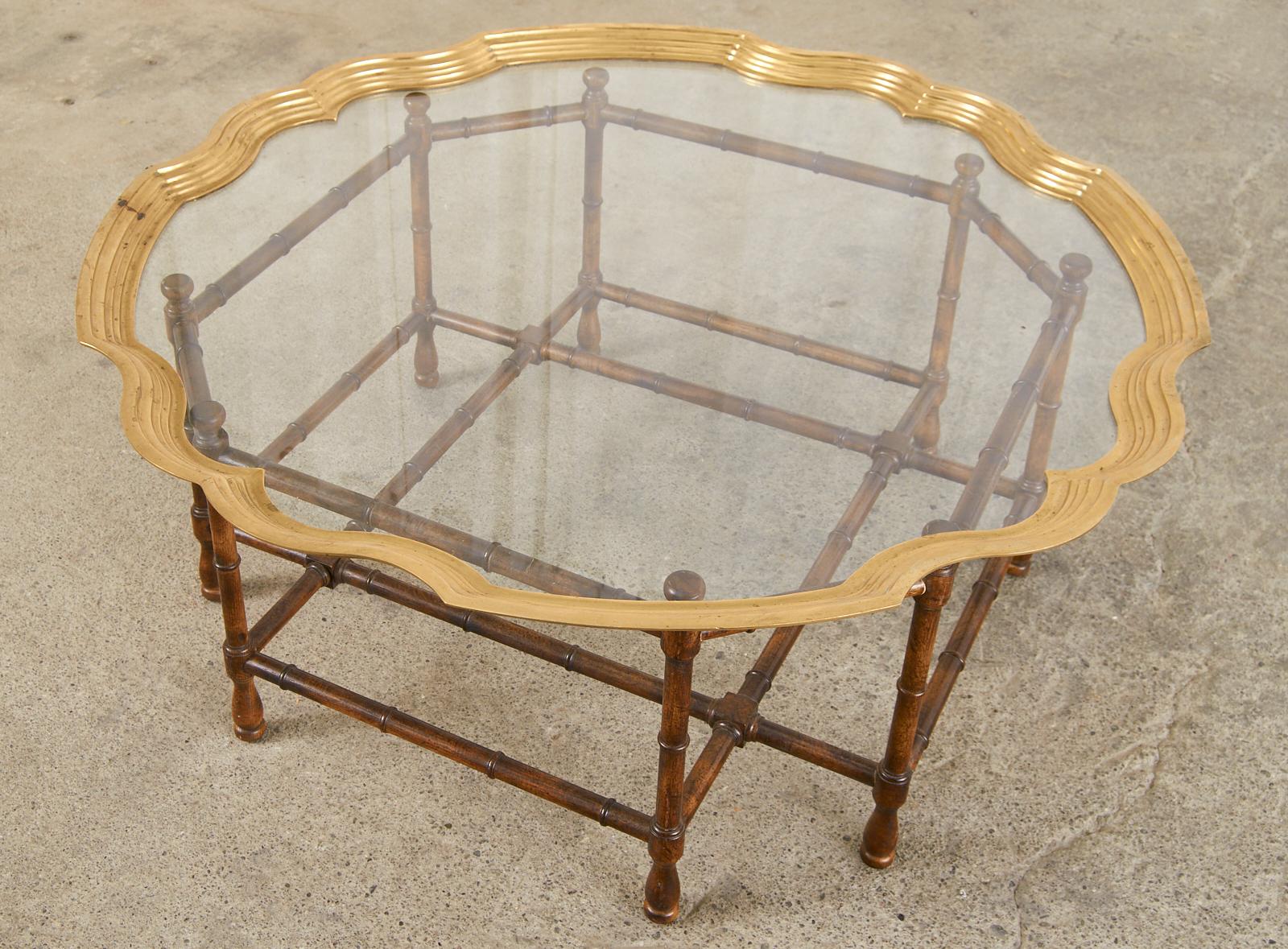 Baker Faux Bamboo Brass Tray Top Cocktail Table In Good Condition In Rio Vista, CA
