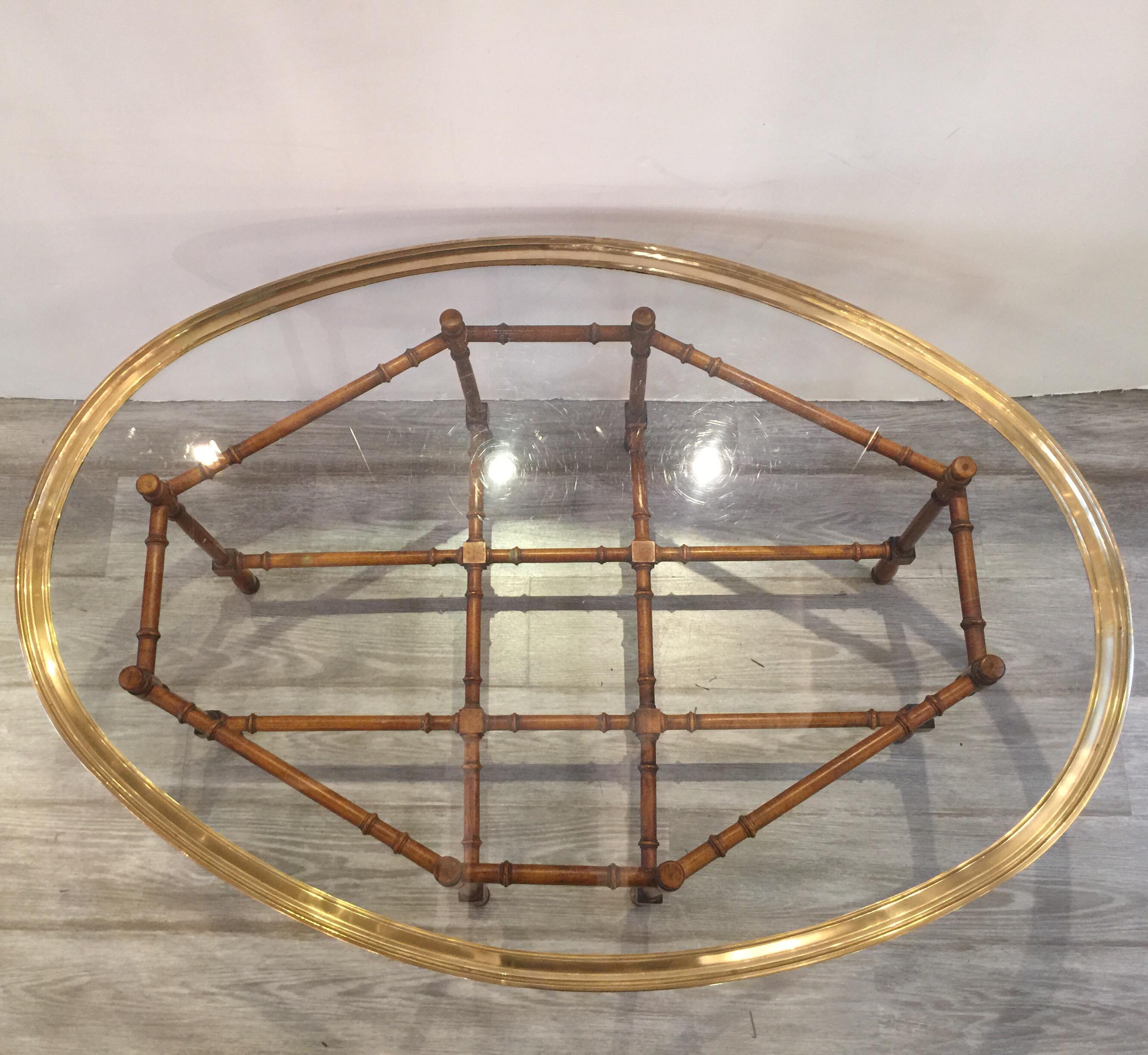 Baker Faux Bamboo Cocktail or Coffee Table with Brass and Glass Top In Good Condition In Lambertville, NJ