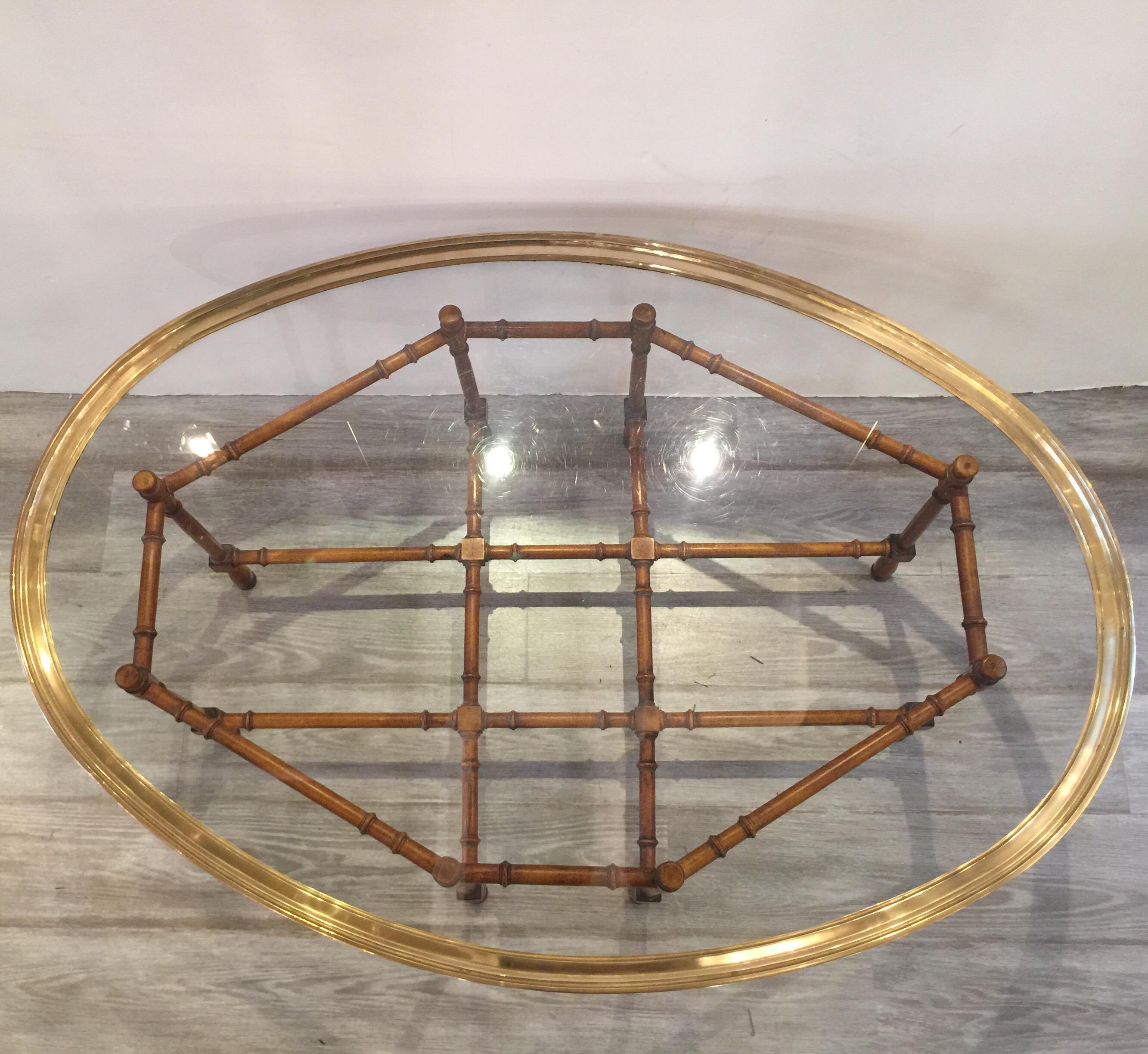 20th Century Baker Faux Bamboo Cocktail or Coffee Table with Brass and Glass Top