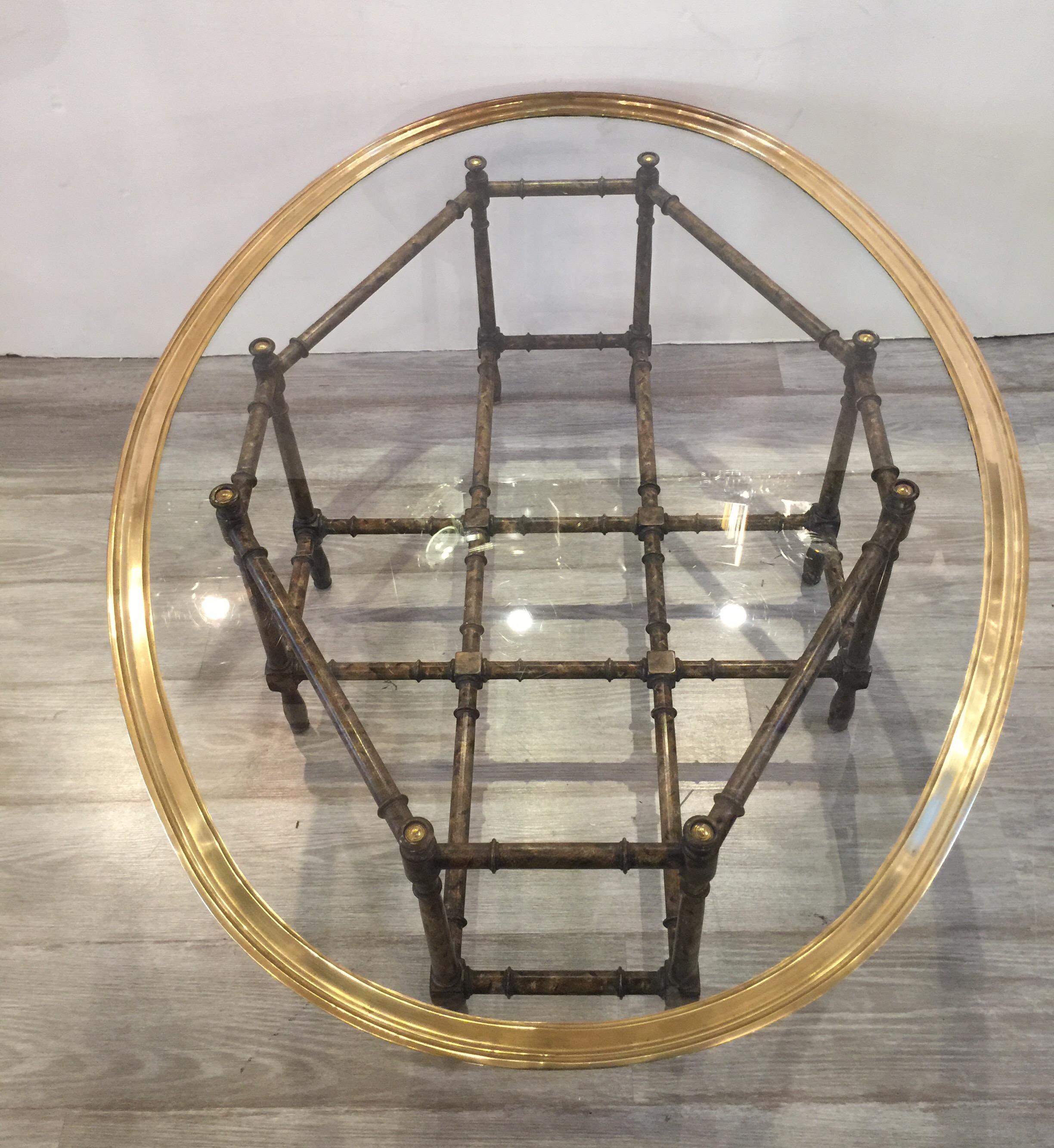 20th Century Baker Faux Bamboo/Tortoise Cocktail or Coffee Table with Brass and Glass Top