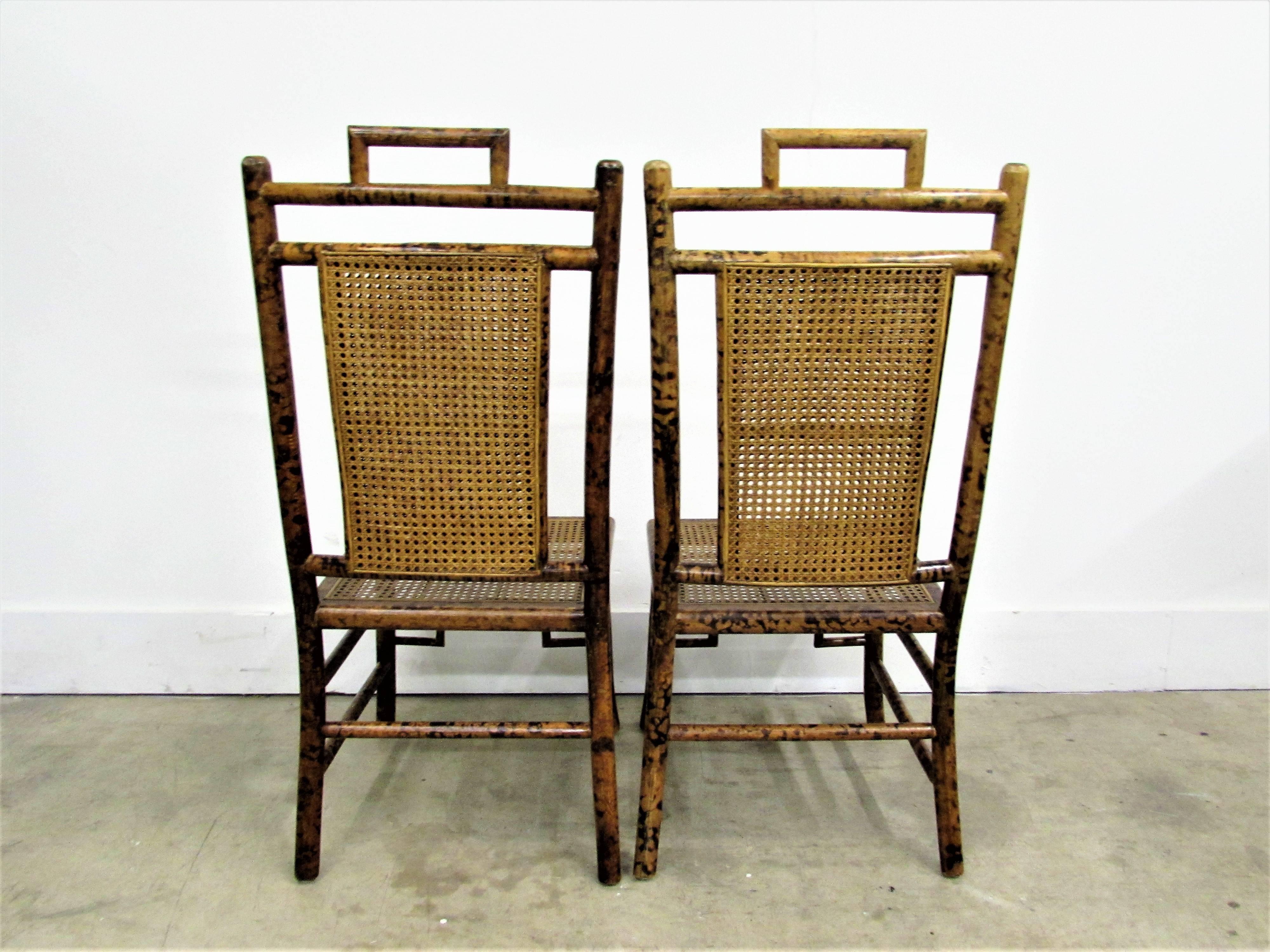 Hollywood Regency Pair of Baker Faux Tortoise Shell Chinoiserie Chairs