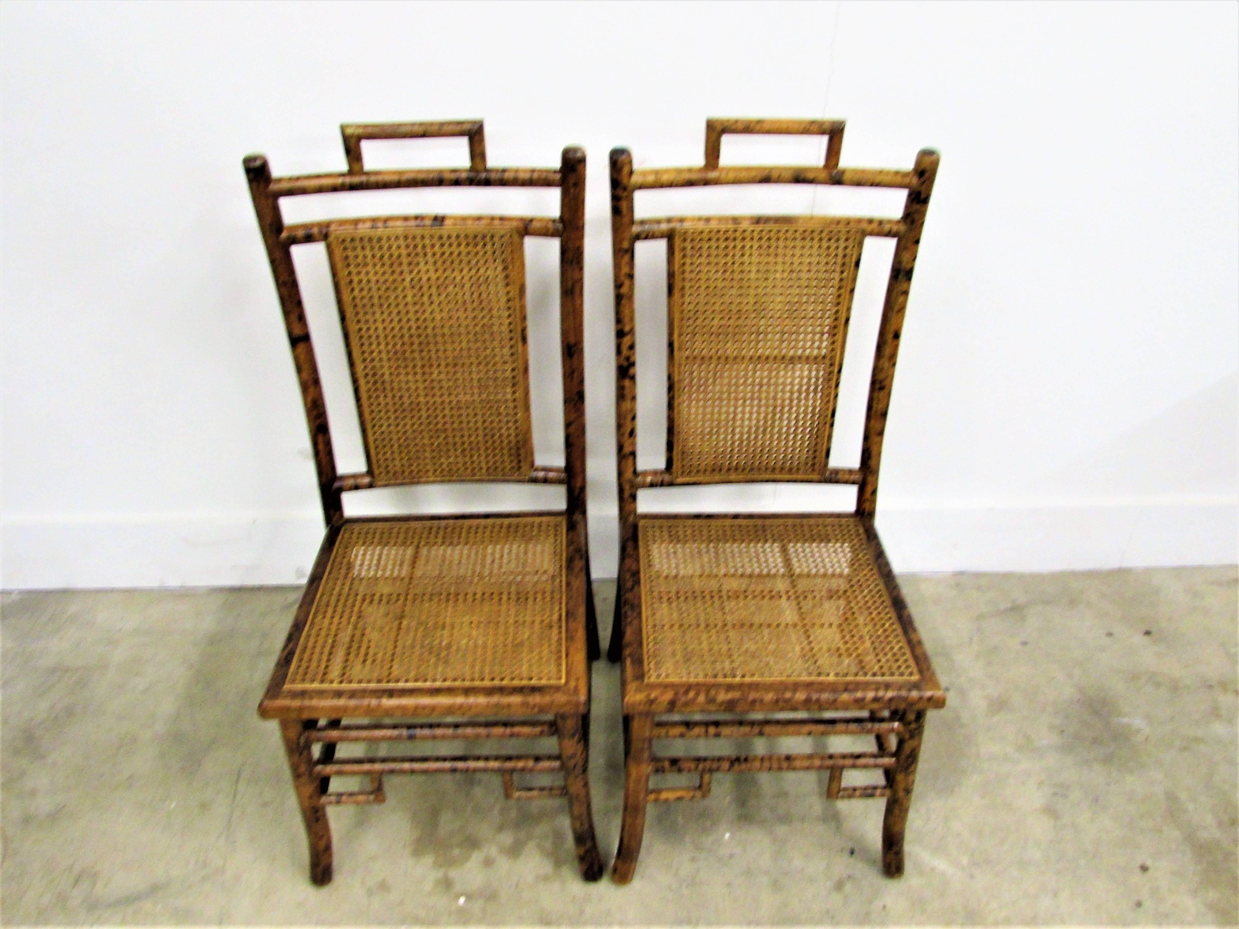 Caning Pair of Baker Faux Tortoise Shell Chinoiserie Chairs