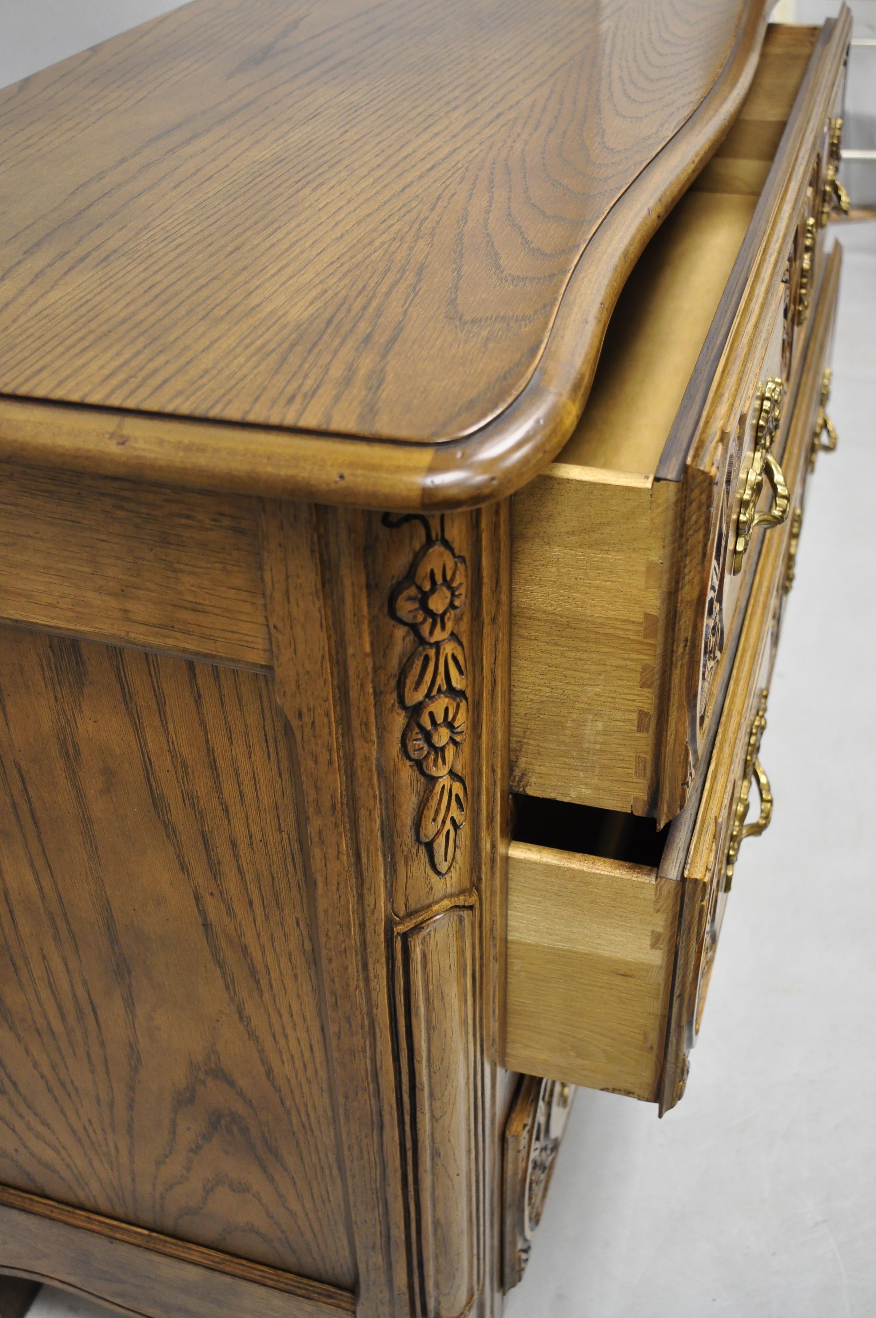 Baker French Country Provincial Style Carved Oak Wood Chest of Drawers In Good Condition For Sale In Philadelphia, PA