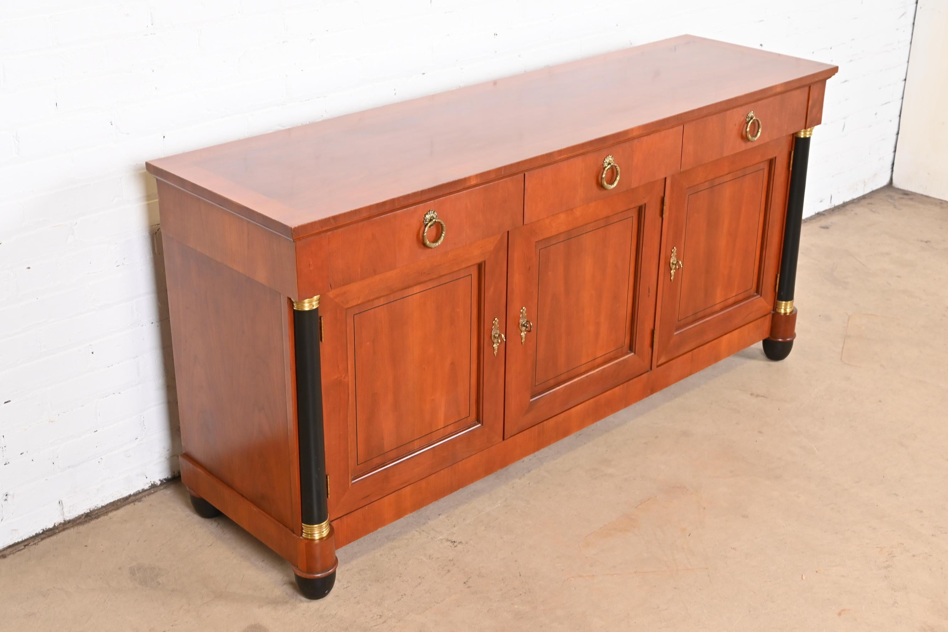 Brass Baker French Empire Cherry Wood and Parcel Ebonized Sideboard or Bar Cabinet