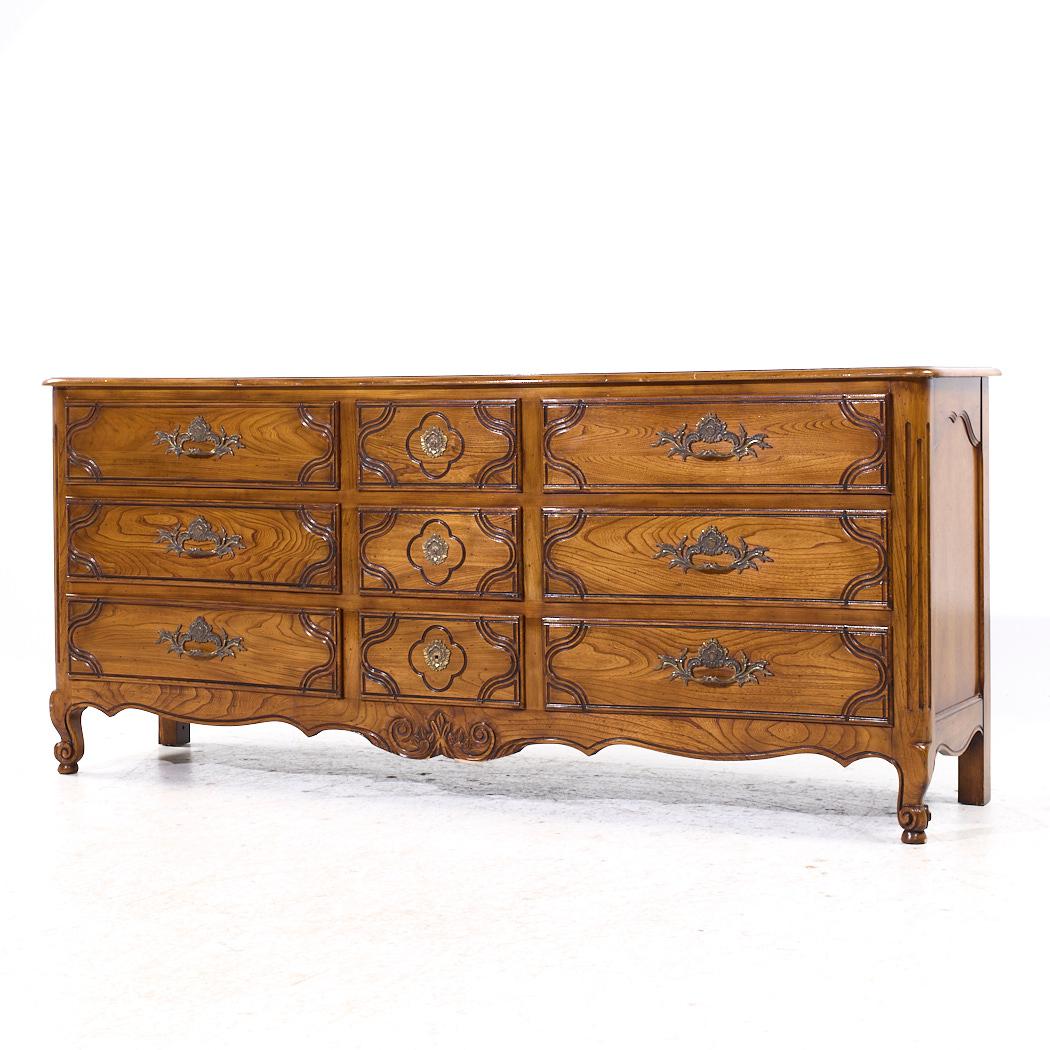 American Baker French Louis XV Style Oak and Burlwood Bombe Chest Lowboy Dresser For Sale