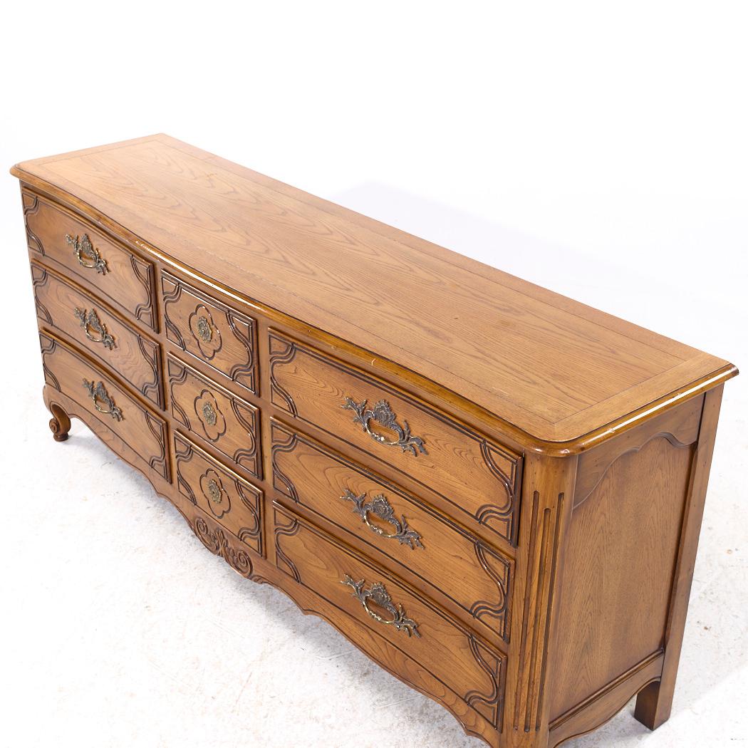 Metal Baker French Louis XV Style Oak and Burlwood Bombe Chest Lowboy Dresser For Sale
