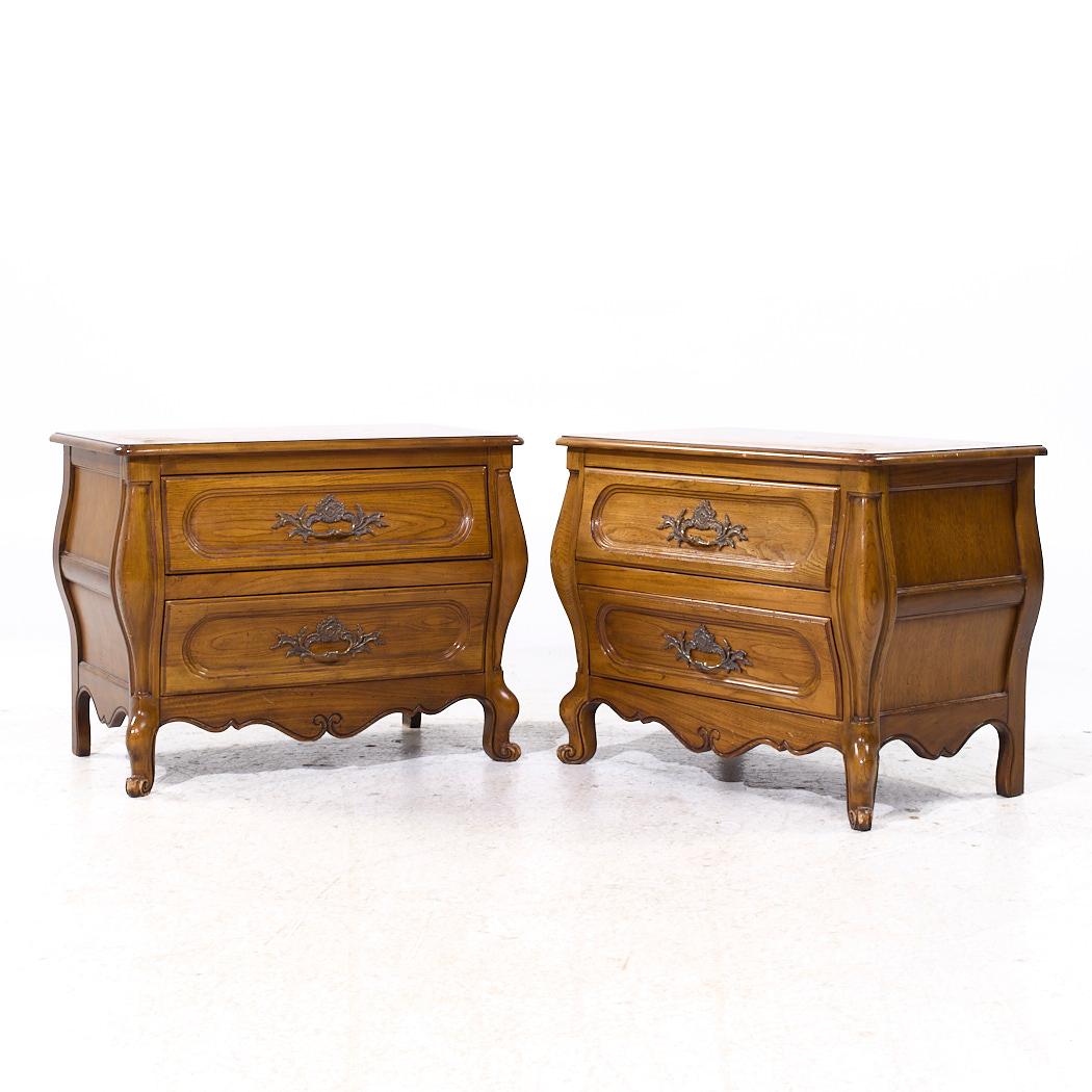 American Baker French Louis XV Style Oak and Burlwood Bombe Chest Nightstands - Pair For Sale