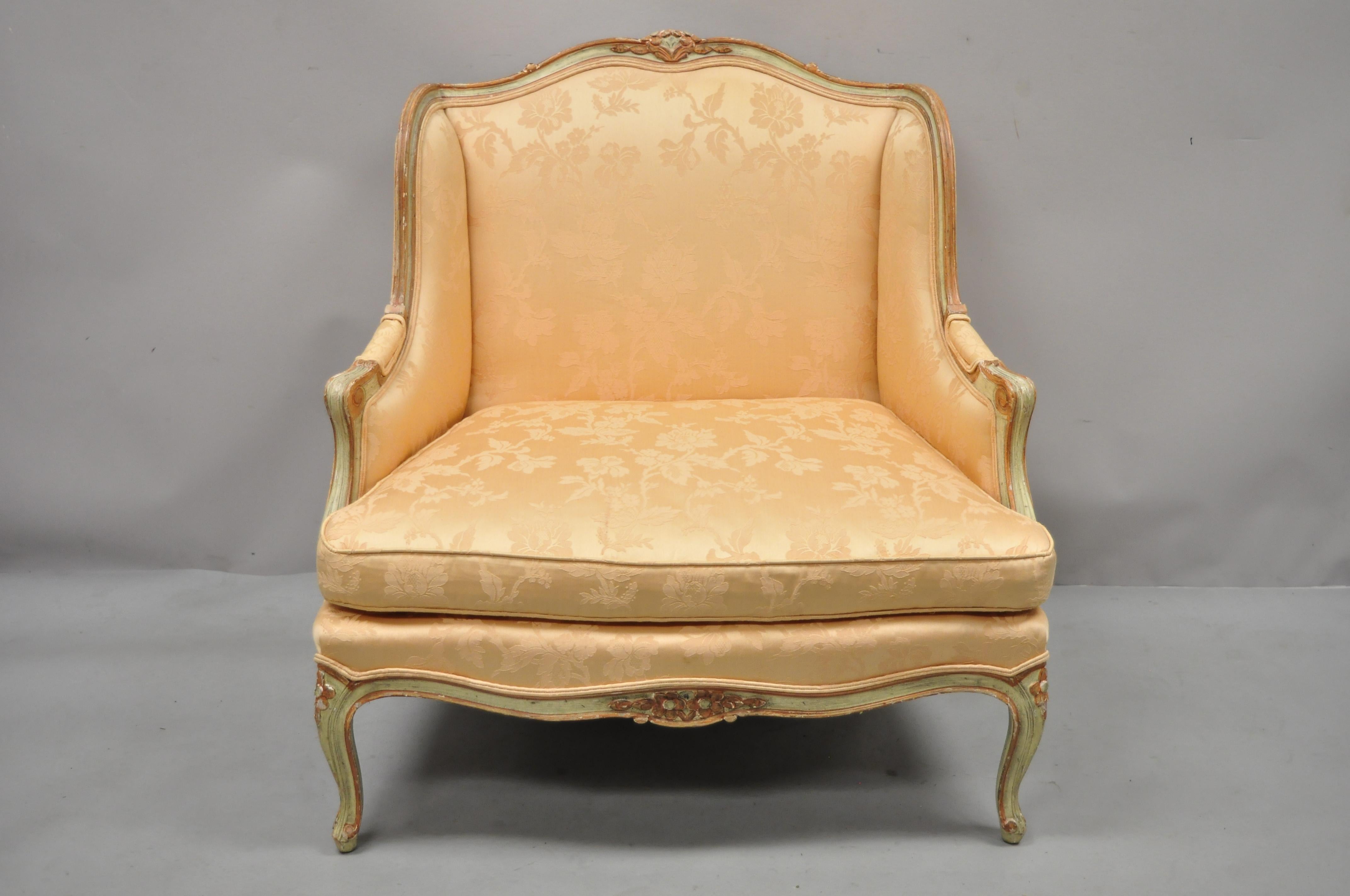 Baker French Louis XV style painted wide wingback bergere settee and ottoman. (1) wide frame wingback bergere lounge chair, (1) wide curved ottoman, solid wood frame, distressed finish, original label, quality American craftsmanship, great style and