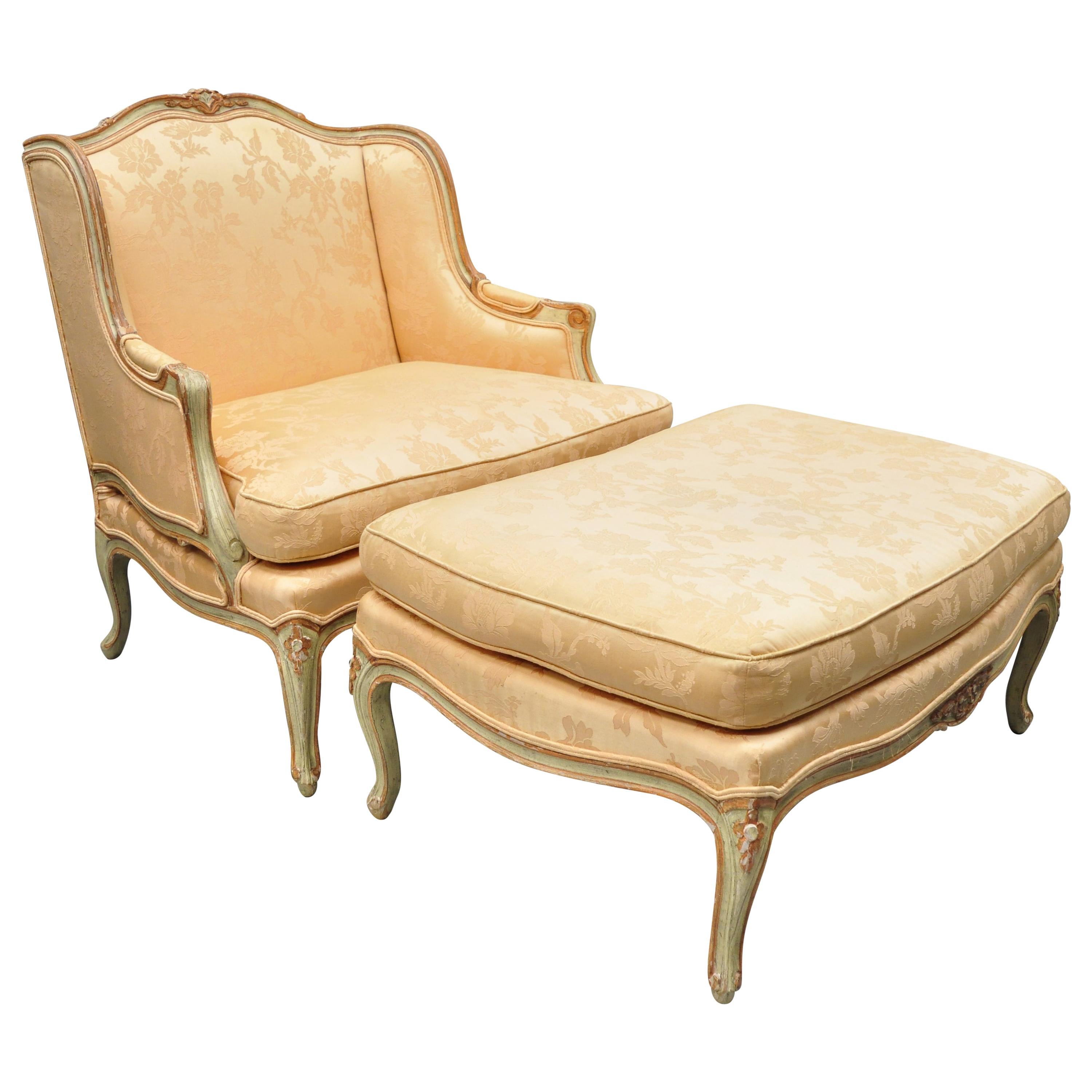 Baker French Louis XV Style Painted Wide Wingback Bergere Settee and Ottoman For Sale